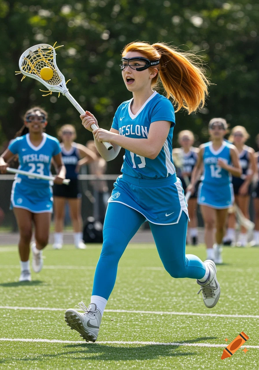 A young woman runs with a lacrosse stick and ball during a game, wearing a blue uniform. Other players are visible in the background.