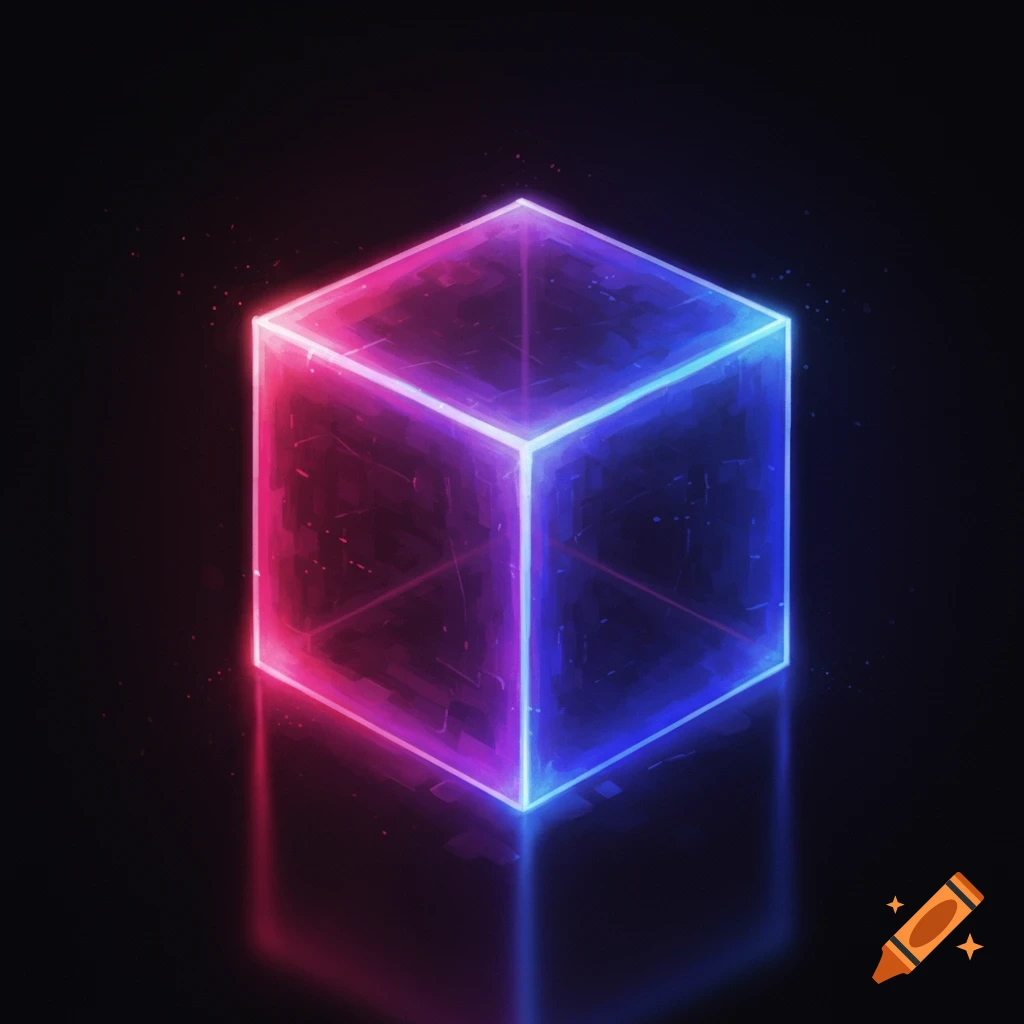 A glowing cube with neon pink and blue edges on a black background.