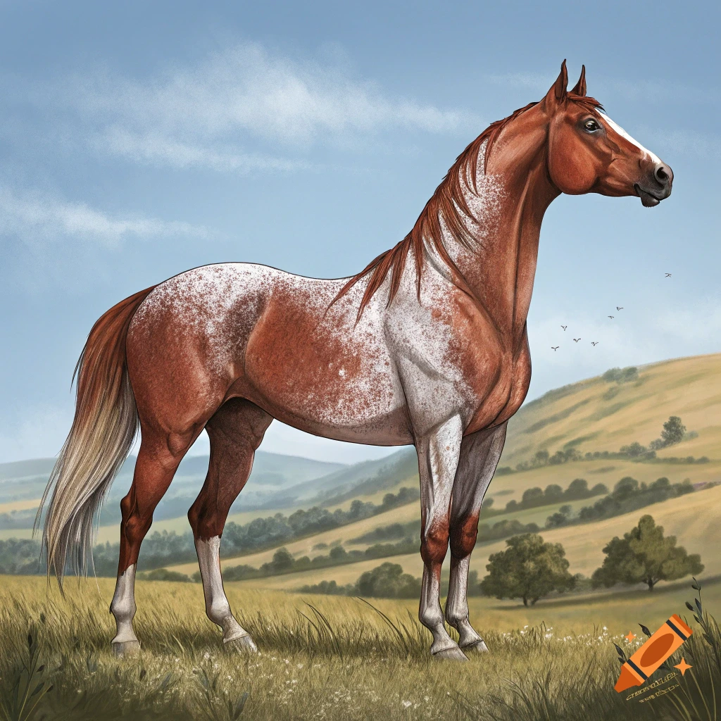 Illustration of a chestnut roan horse standing in a grassy field with rolling hills and sky in the background.