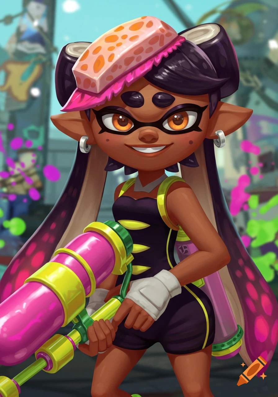 Stylized anime portrait of Callie from Splatoon holding a pink and yellow ink weapon in a city background.