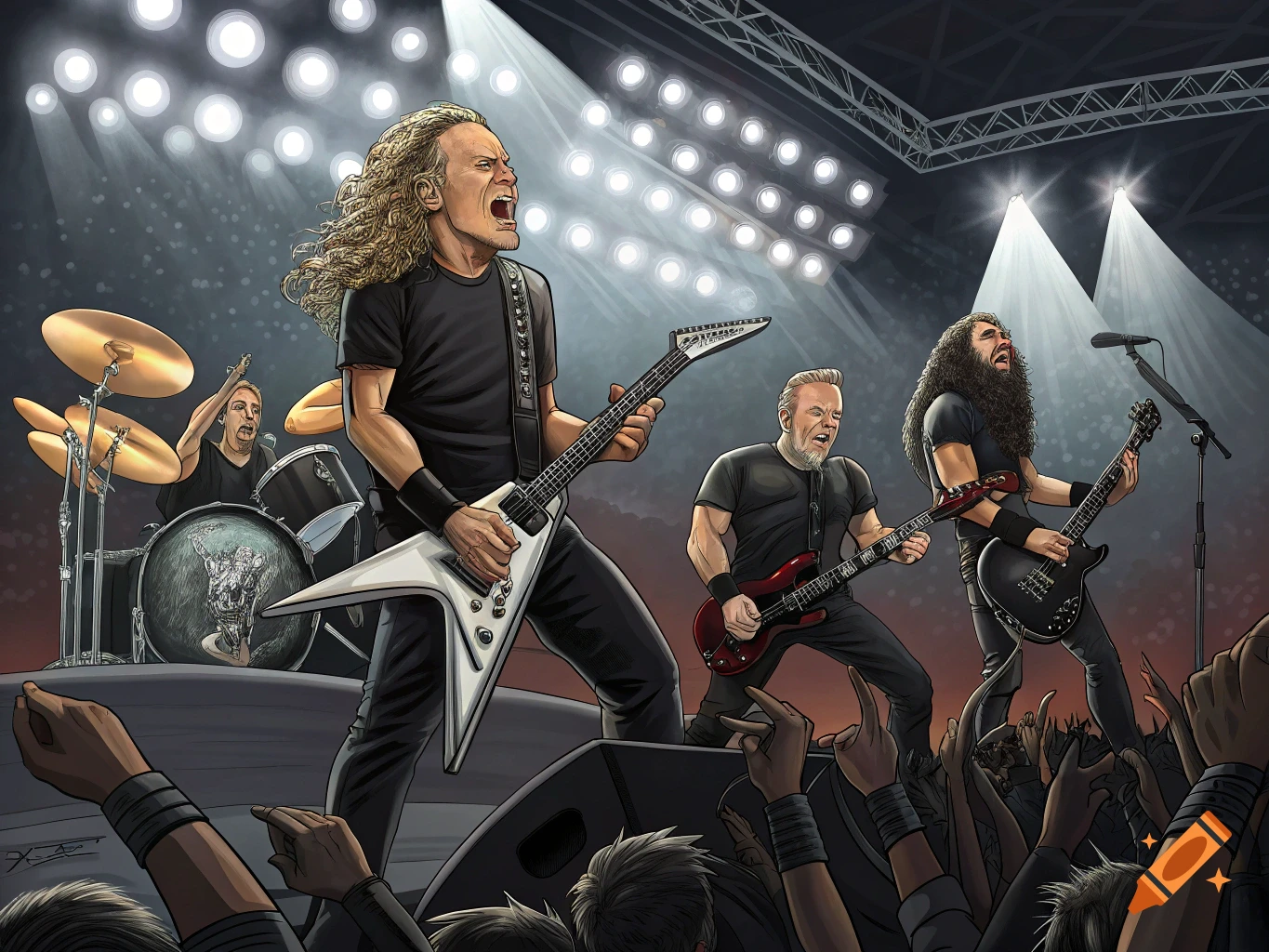 Illustration of a rock band playing guitars and drums on stage for a crowd.
