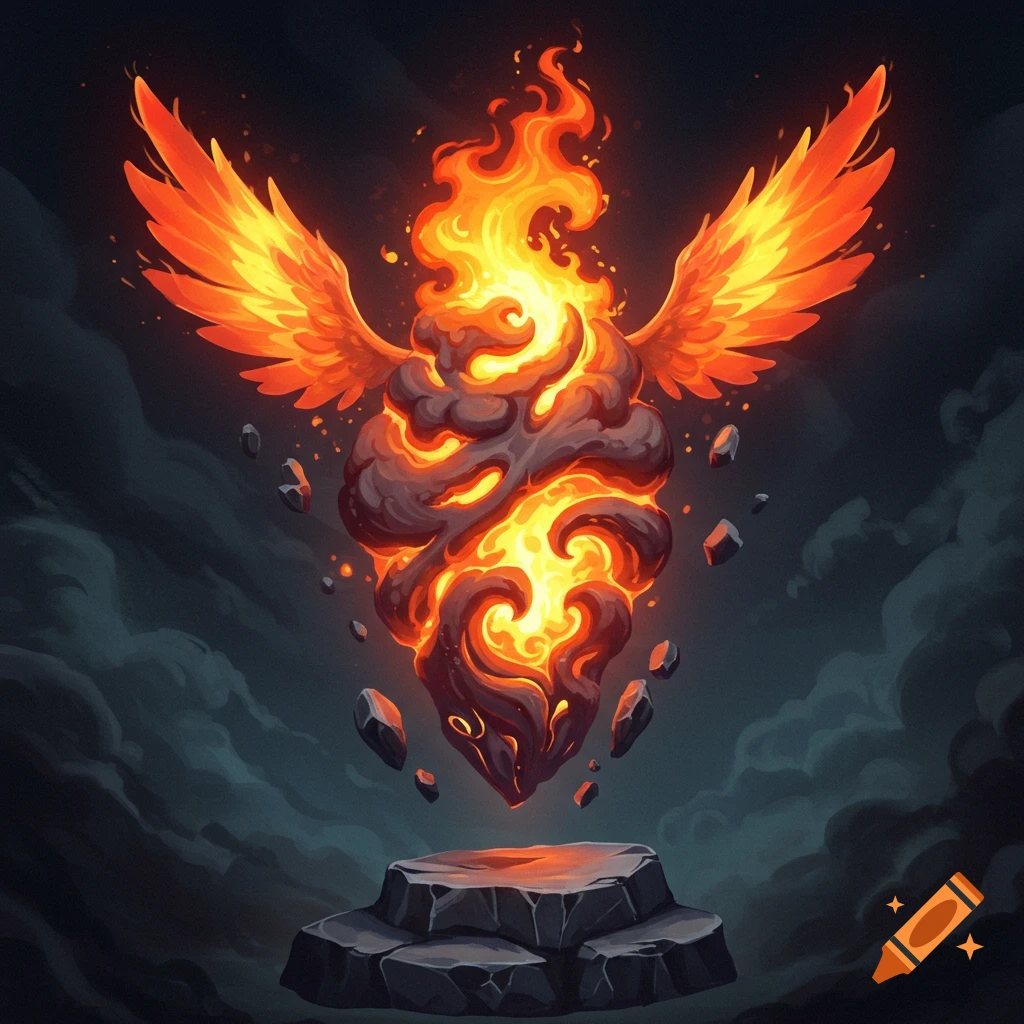 A fiery creature with wings hovers over stone in dark clouds.
