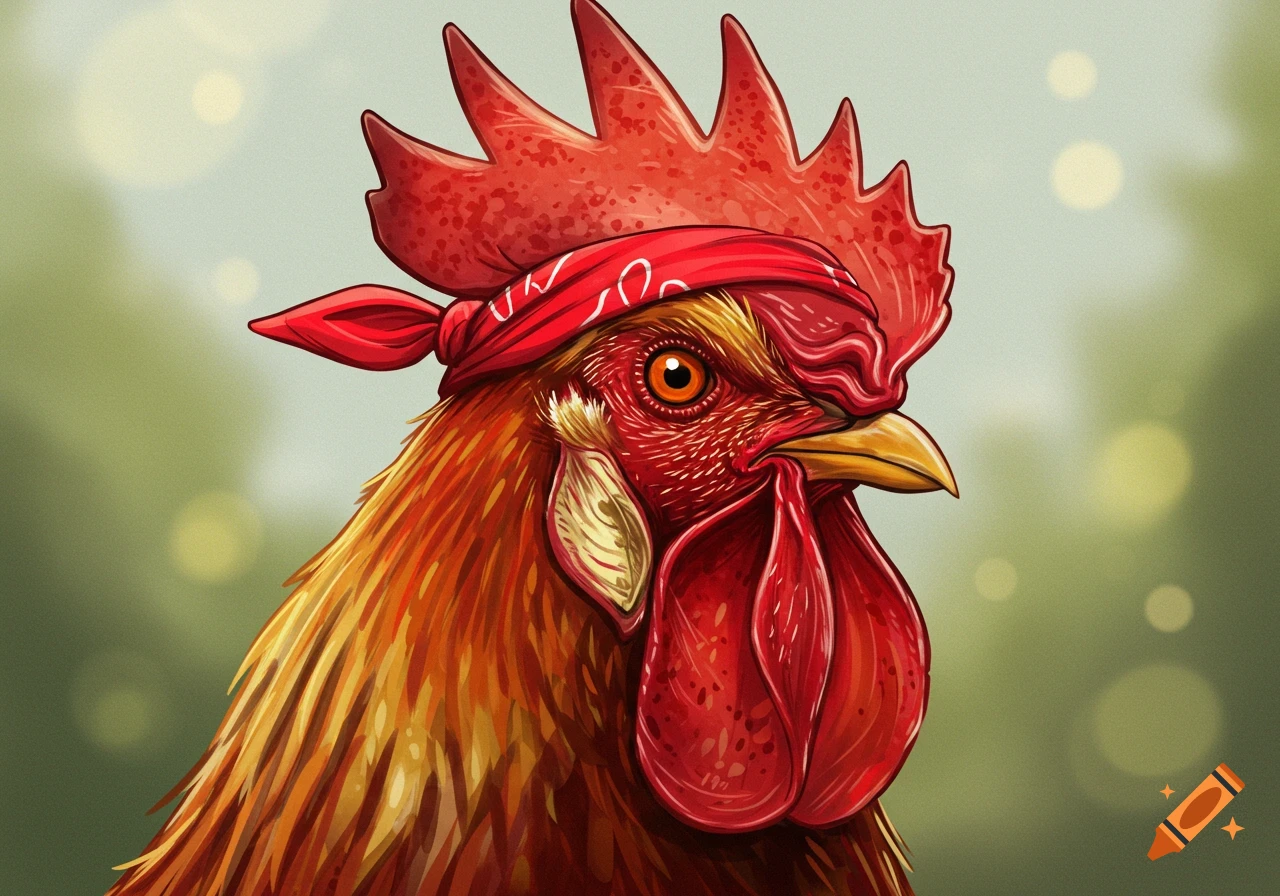 A rooster wearing a red bandana.