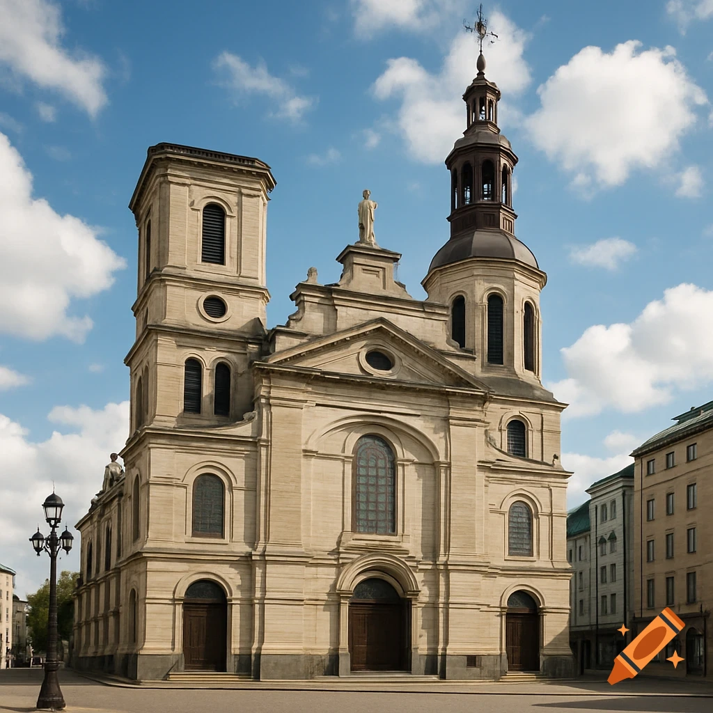 A large, ornate stone church building under a blue sky.