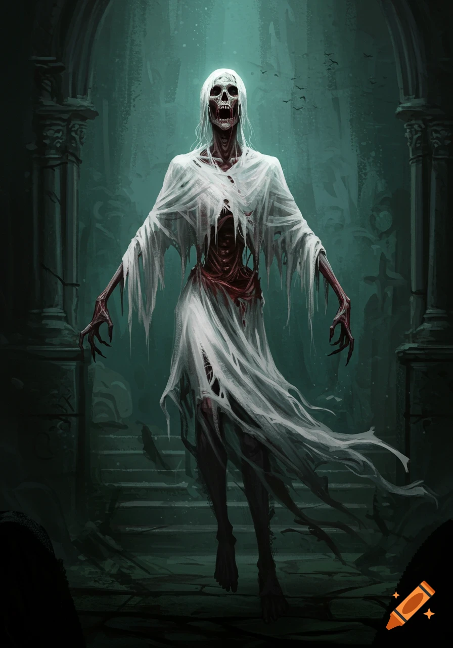 A gaunt, skeletal ghost in torn white robes stands in dark ruins.