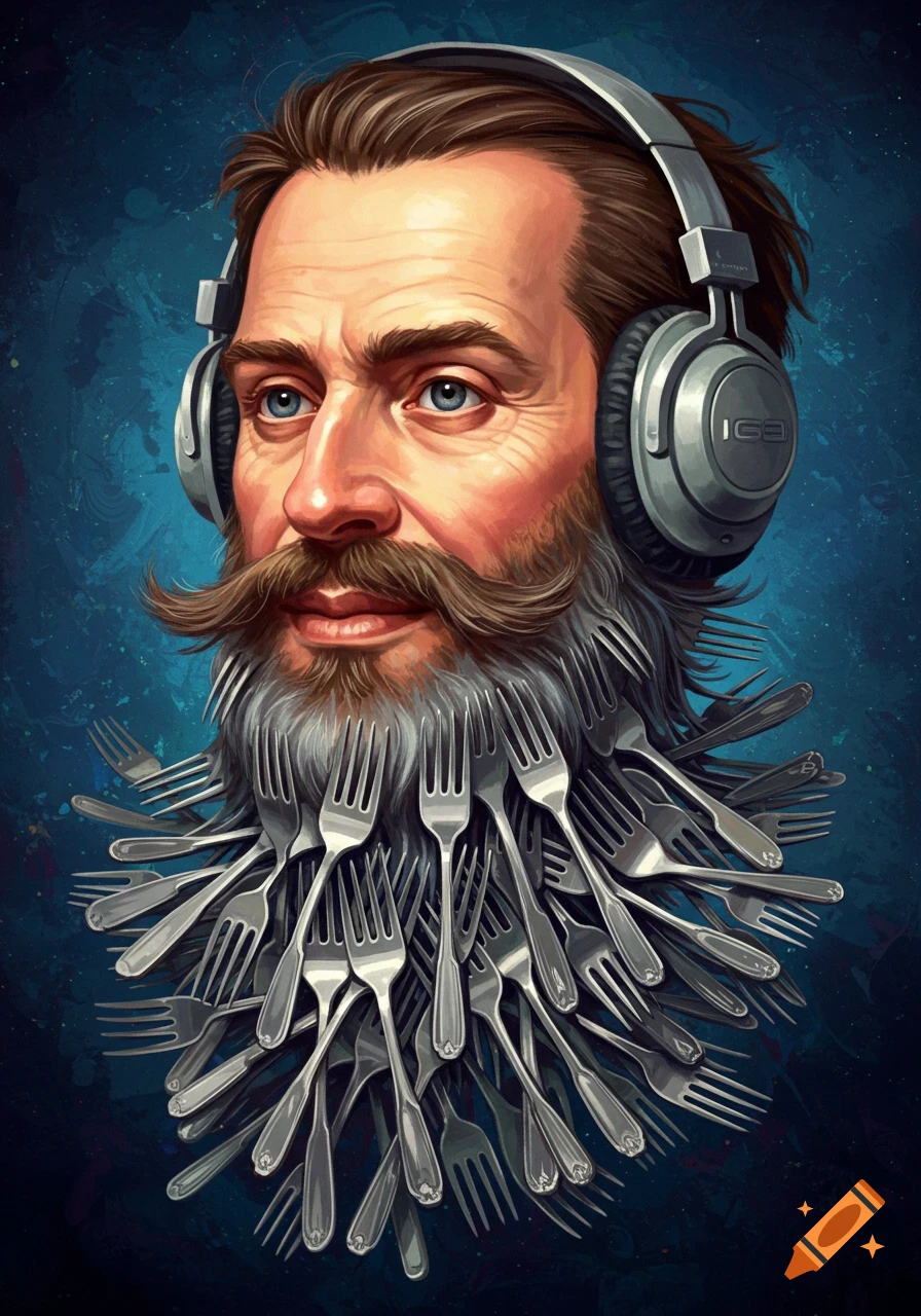 A man with a beard made of forks, wearing headphones.