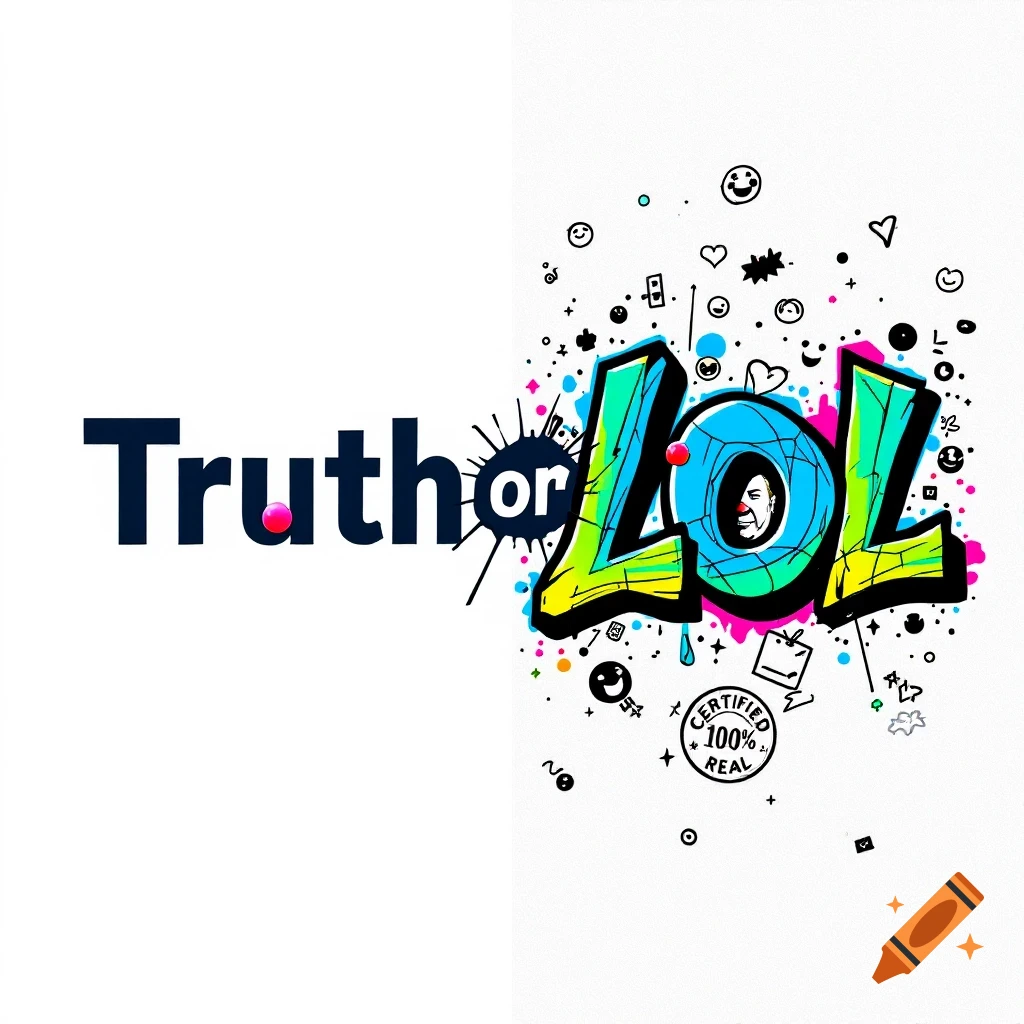 Split YouTube logo 'Truth or LOL' with formal left side and chaotic graffiti right side.