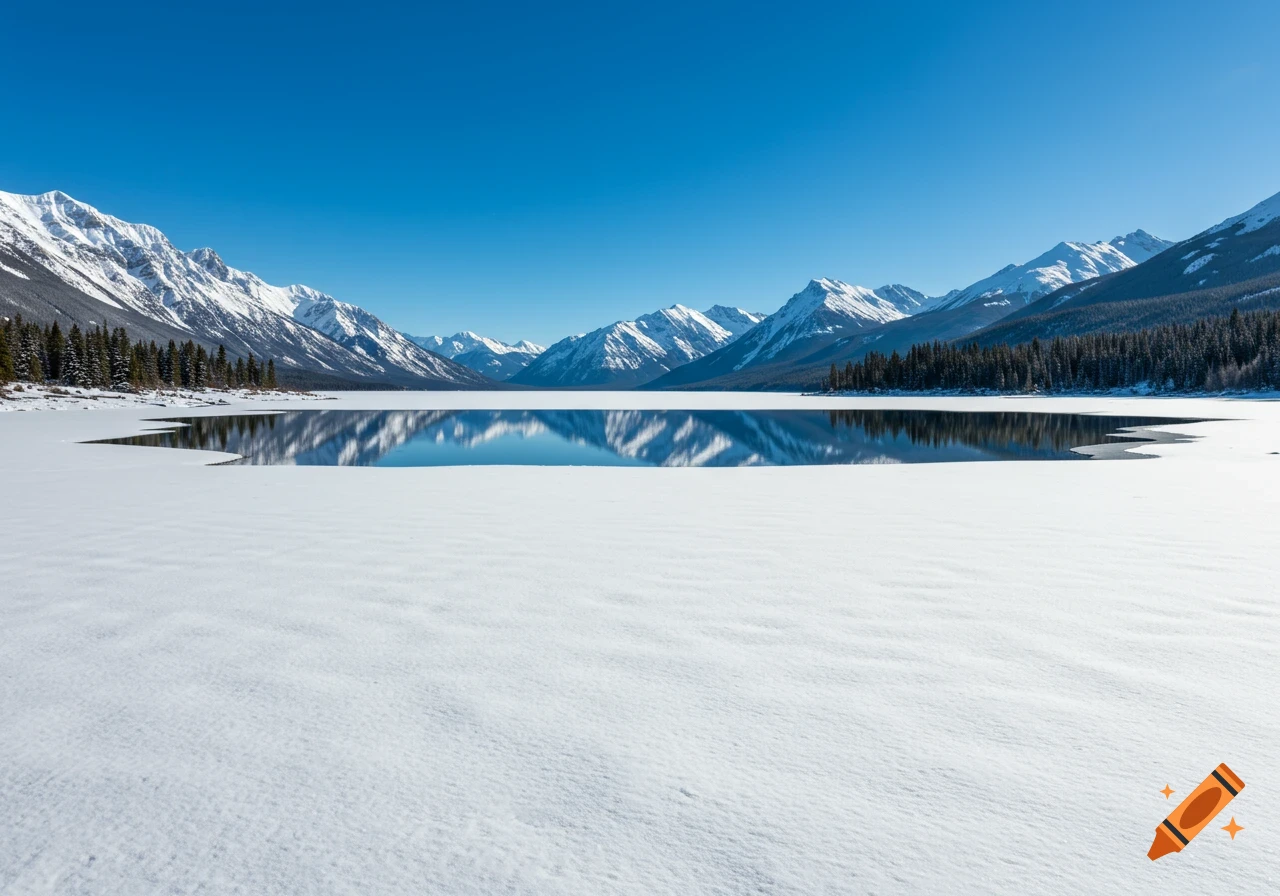 A snowy landscape with a frozen lake reflecting mountains under a clear blue sky.