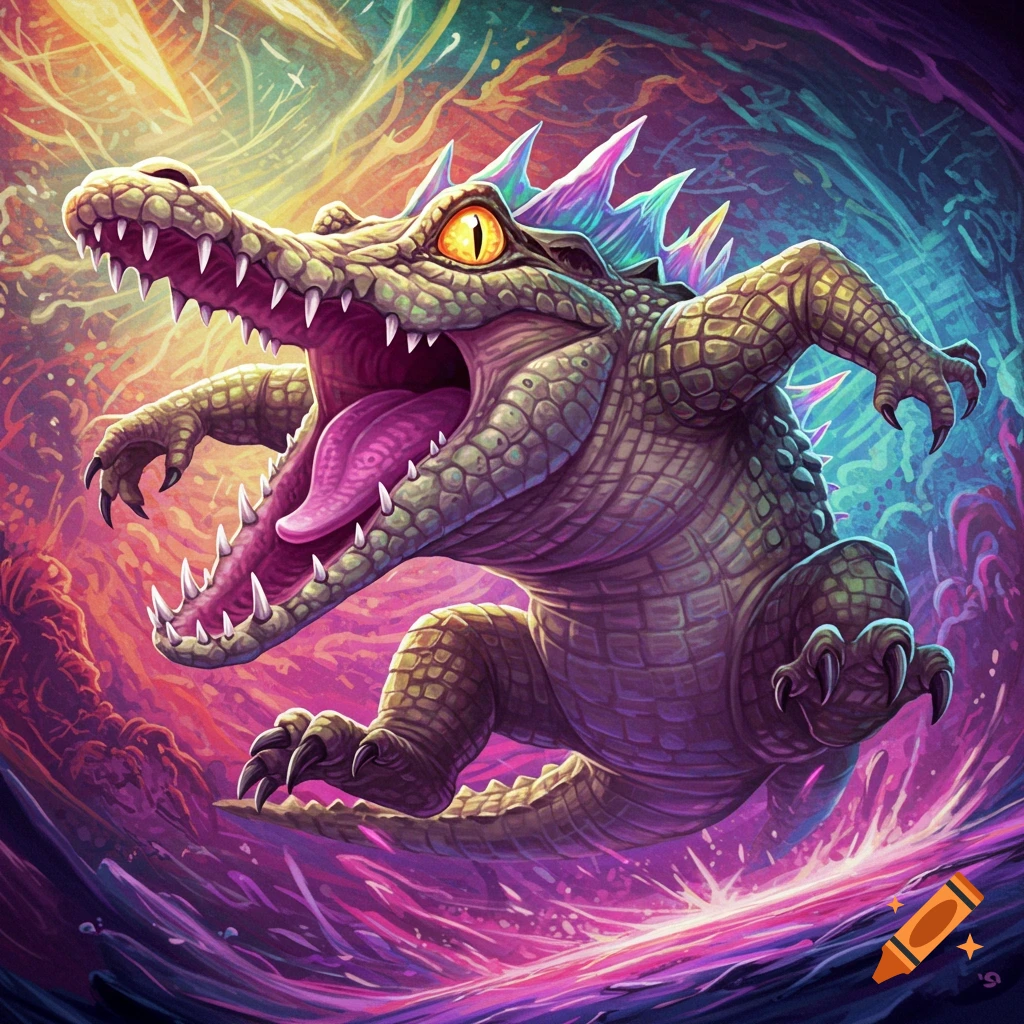 A stylized crocodile is leaping with mouth open in a colorful vortex.