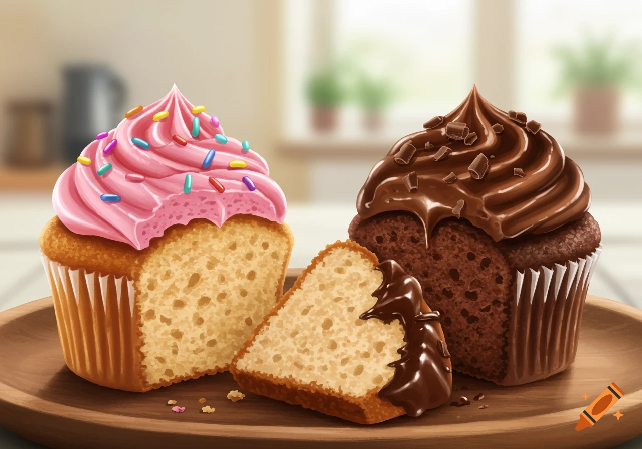 Two cupcakes, one pink with sprinkles, one chocolate, and a cut slice, on a wooden plate.