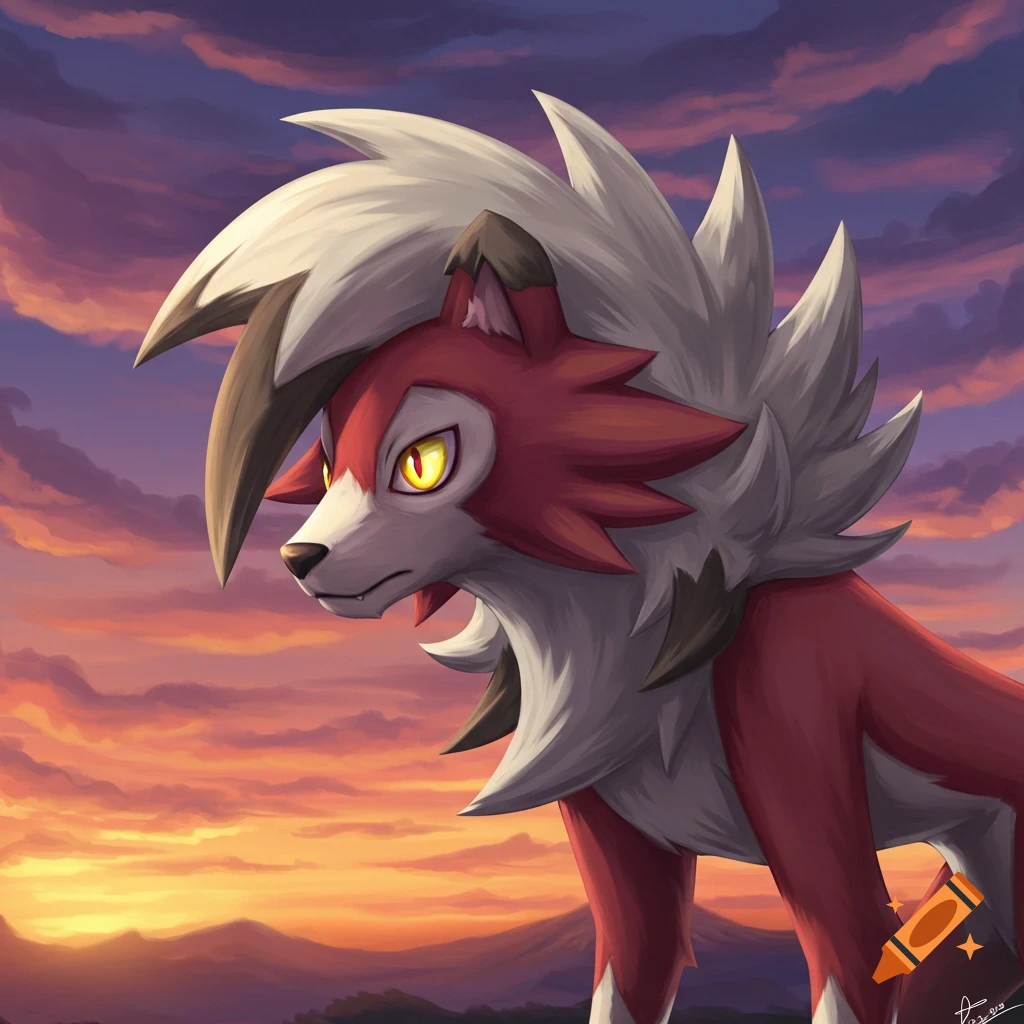 The Pokemon Lycanroc in a sunset landscape