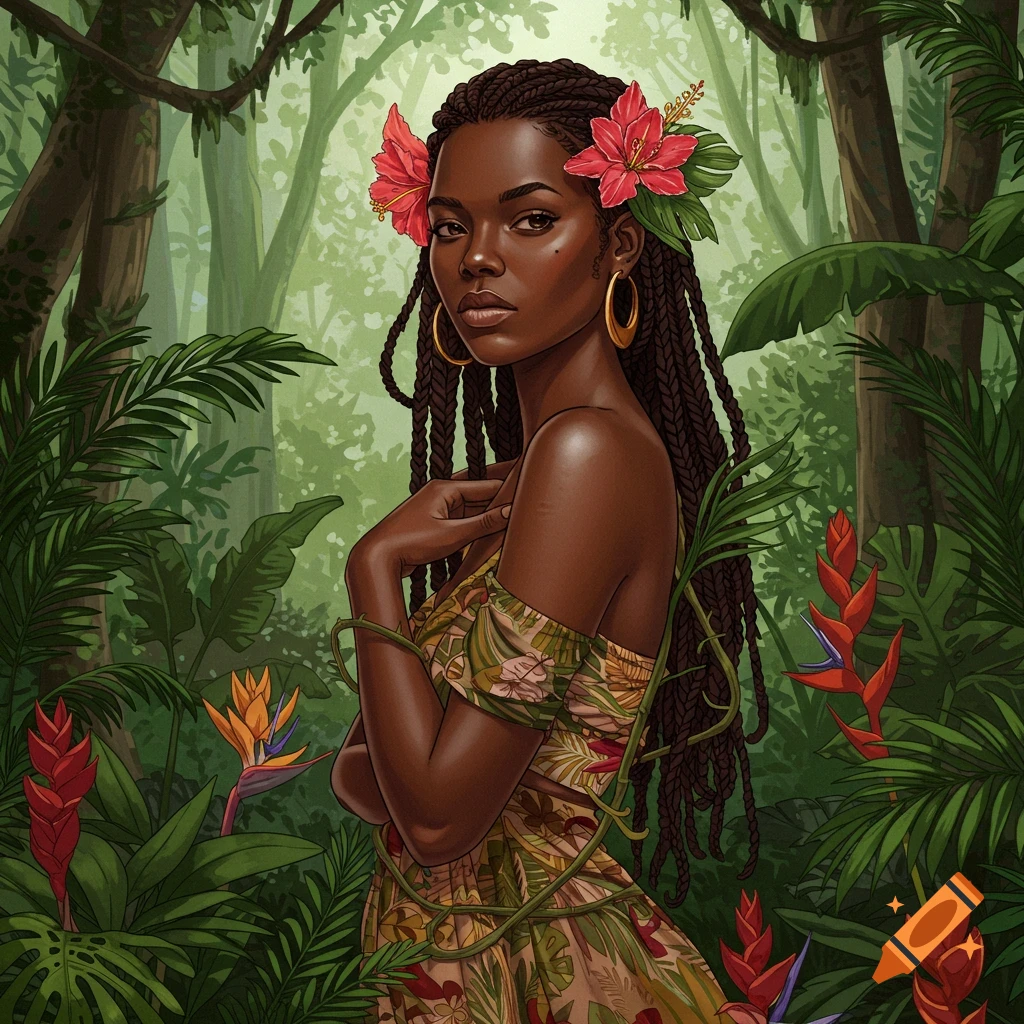 Image of a black woman in a jungle with flowers in her hair.