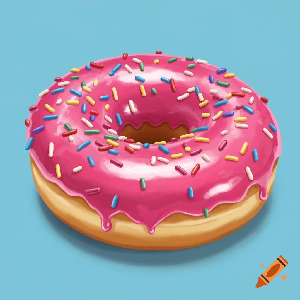 A pink frosted donut with colorful sprinkles on a blue background.