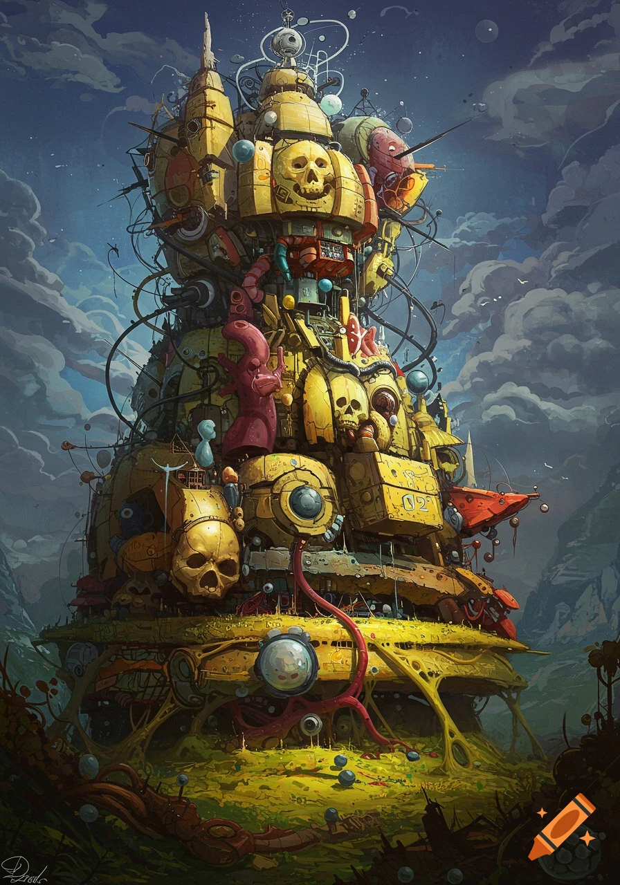 A large, surreal, yellow biomechanical tower covered in skulls against a cloudy sky.