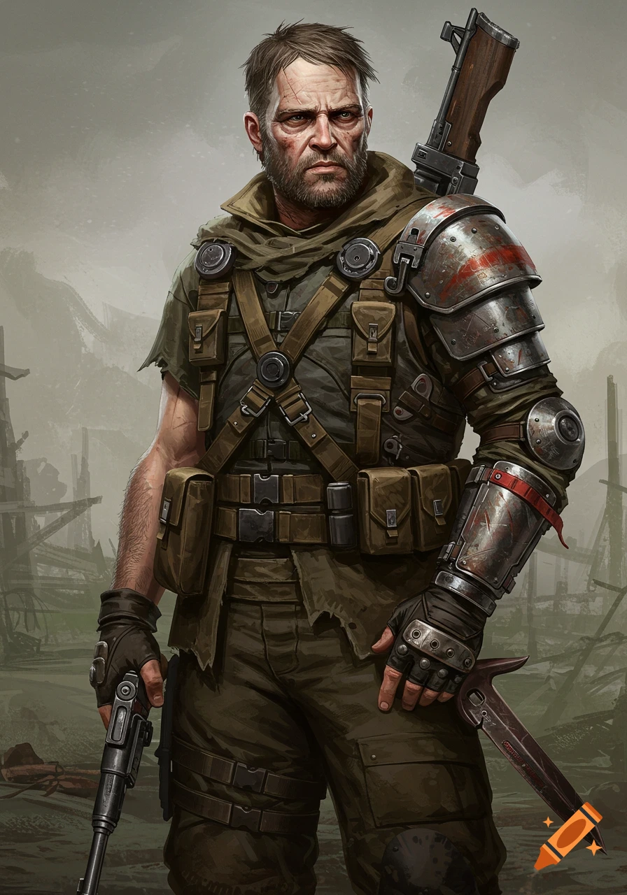 A detailed depiction of a grizzled man in post-apocalyptic gear, holding a pistol and a knife.