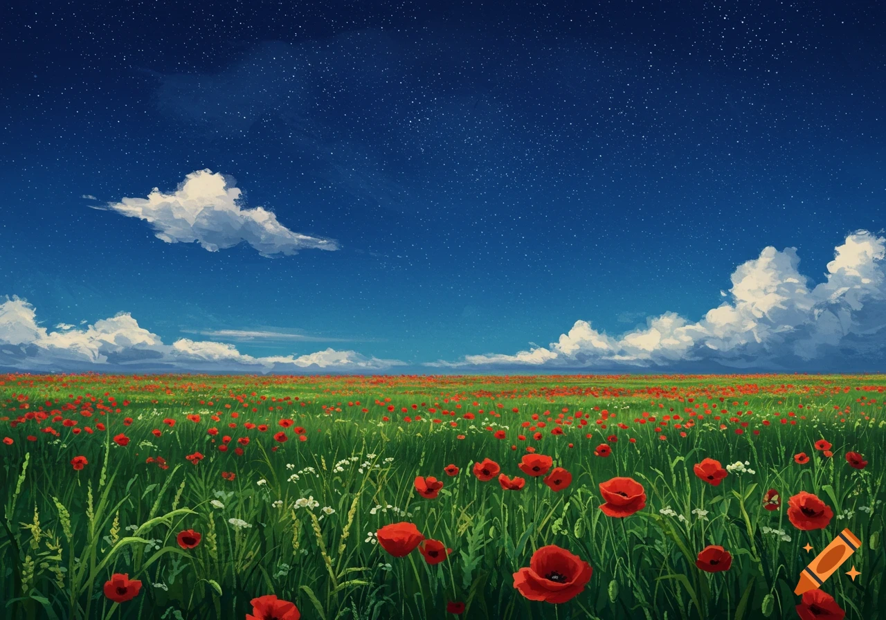 A field of red poppies under a starry blue sky