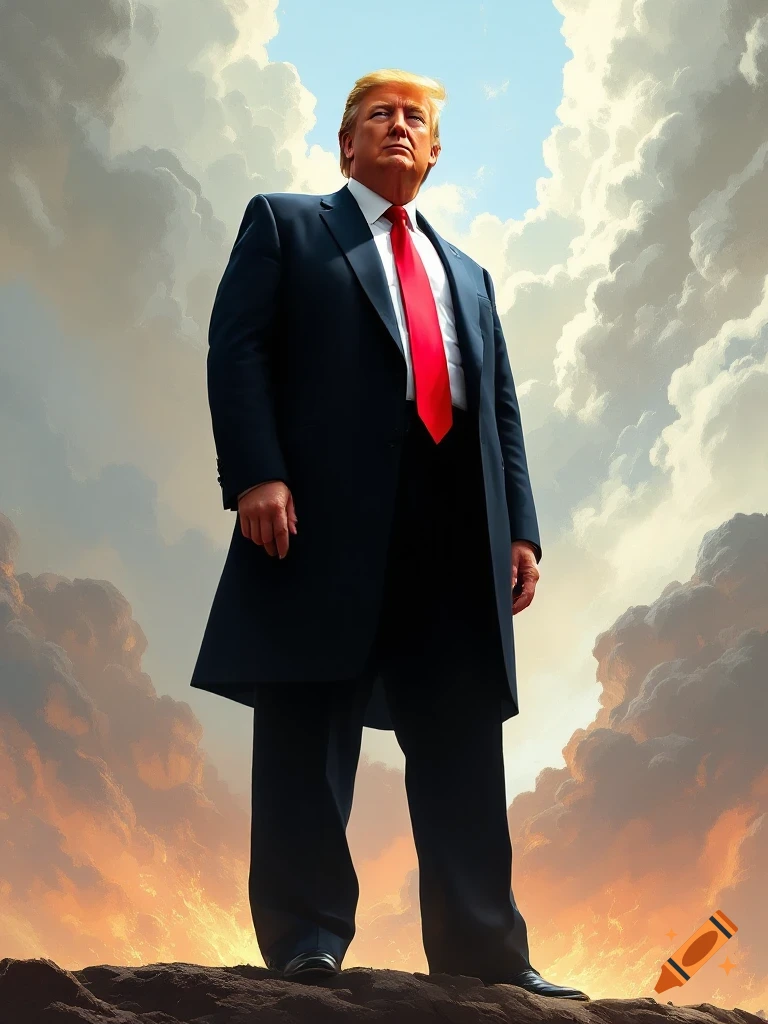 Donald Trump standing on a hill under a dramatic sky