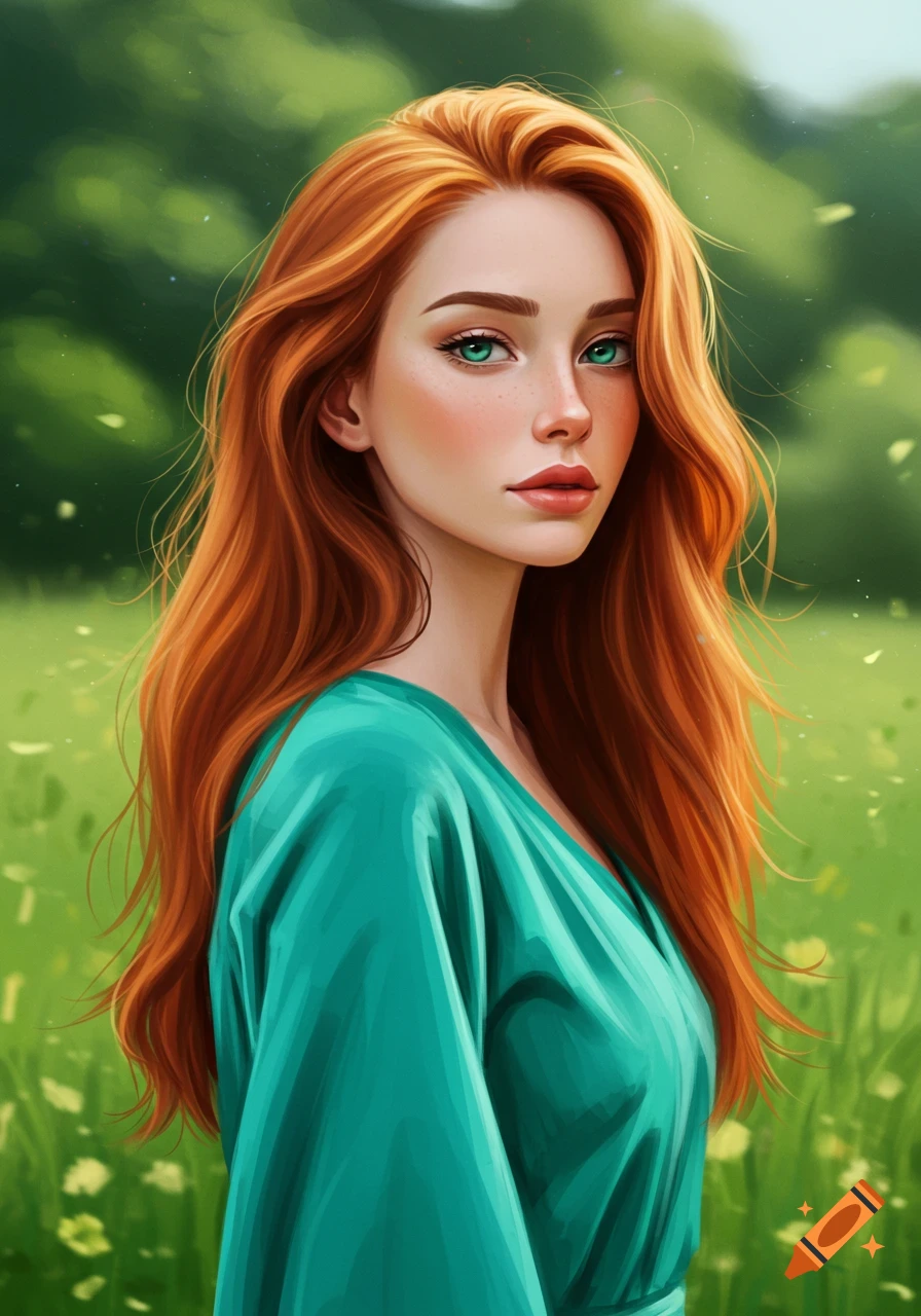 A woman with long red hair and green eyes is in a green field.