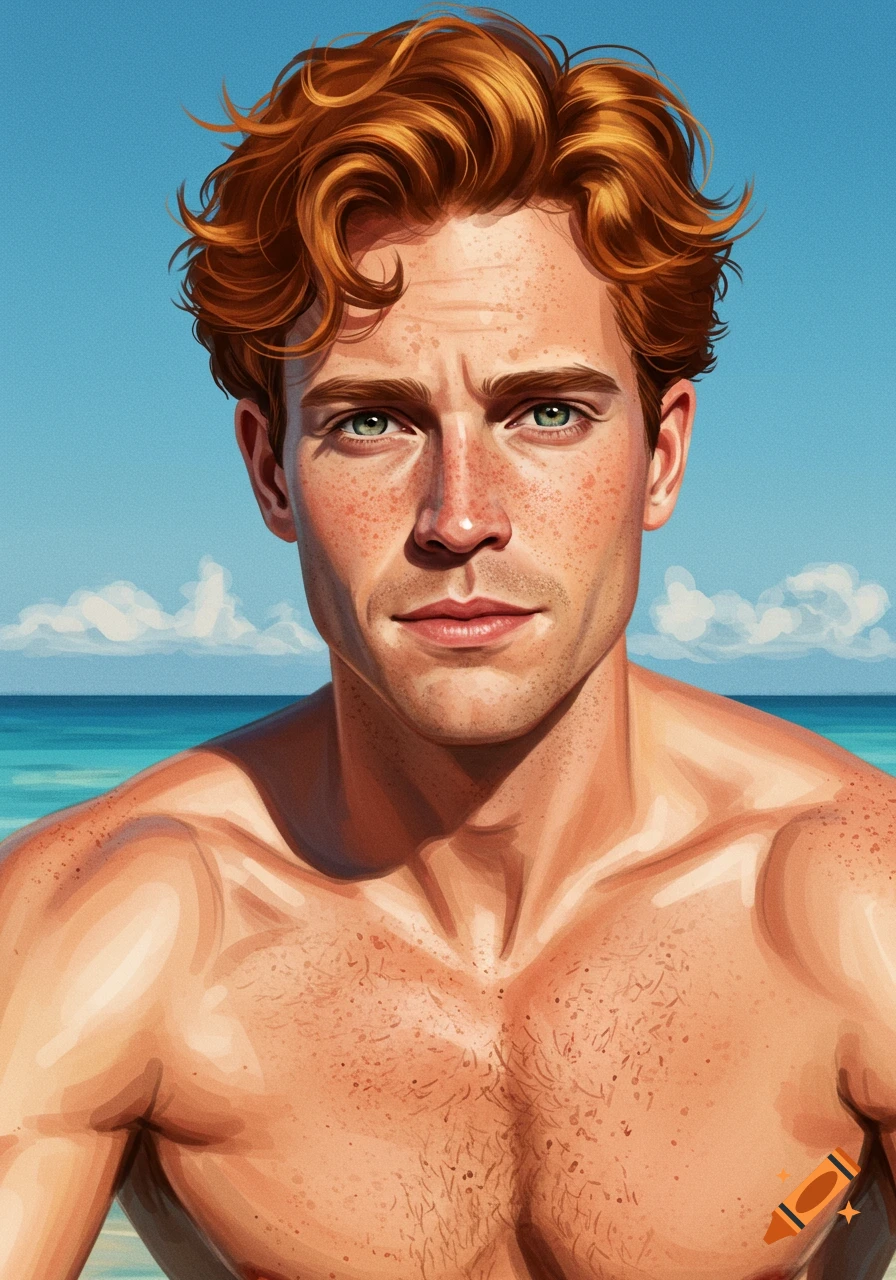 A man with auburn hair and freckles stands on a beach.