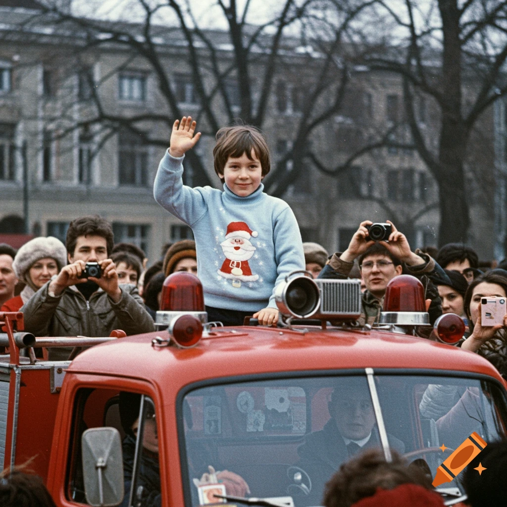 Vintage photo of a boy in a Christmas sweater waving from a red fire truck.