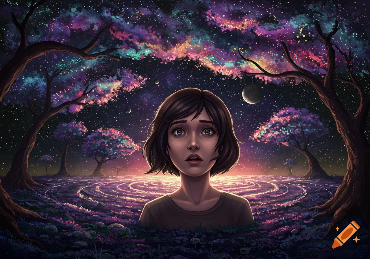 A girl in a surreal landscape with trees made of galaxies, a swirling starry ground, and planets in the sky.