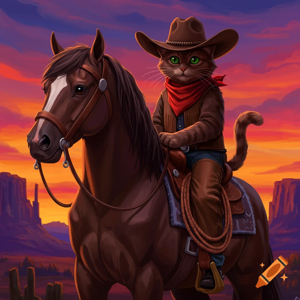 A cartoon black cat wearing a cowboy hat and red bandana rides a white ...
