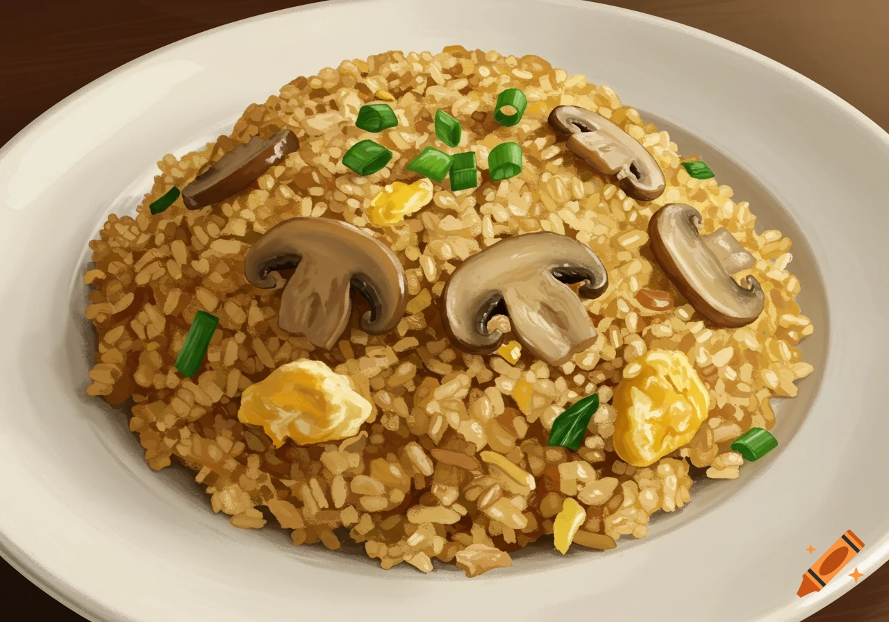 A plate of egg and mushroom fried rice