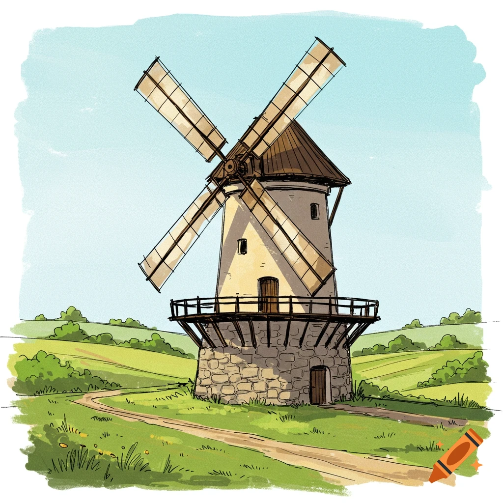 A sketch of a windmill in a green, hilly landscape.