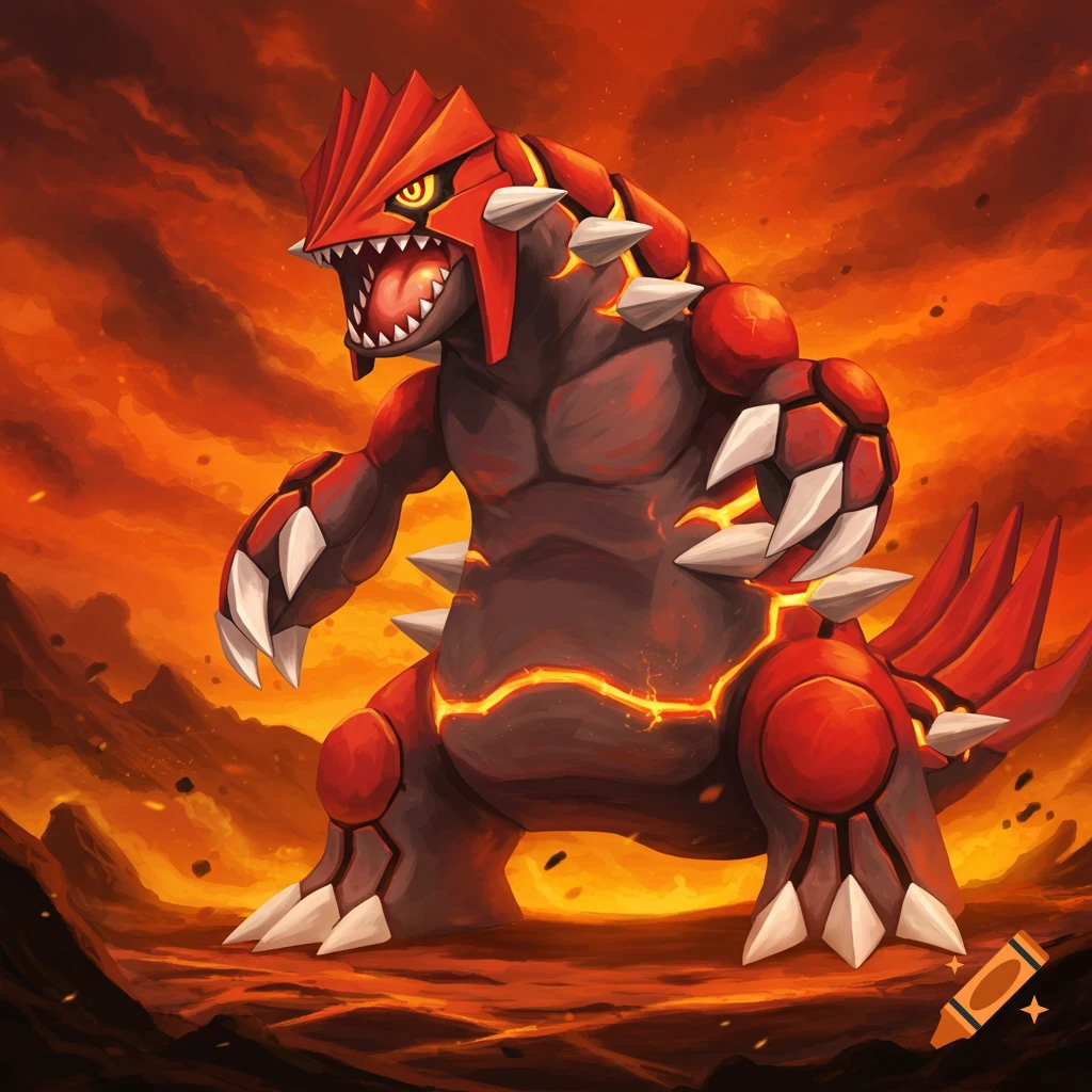 Groudon standing in a volcanic landscape.