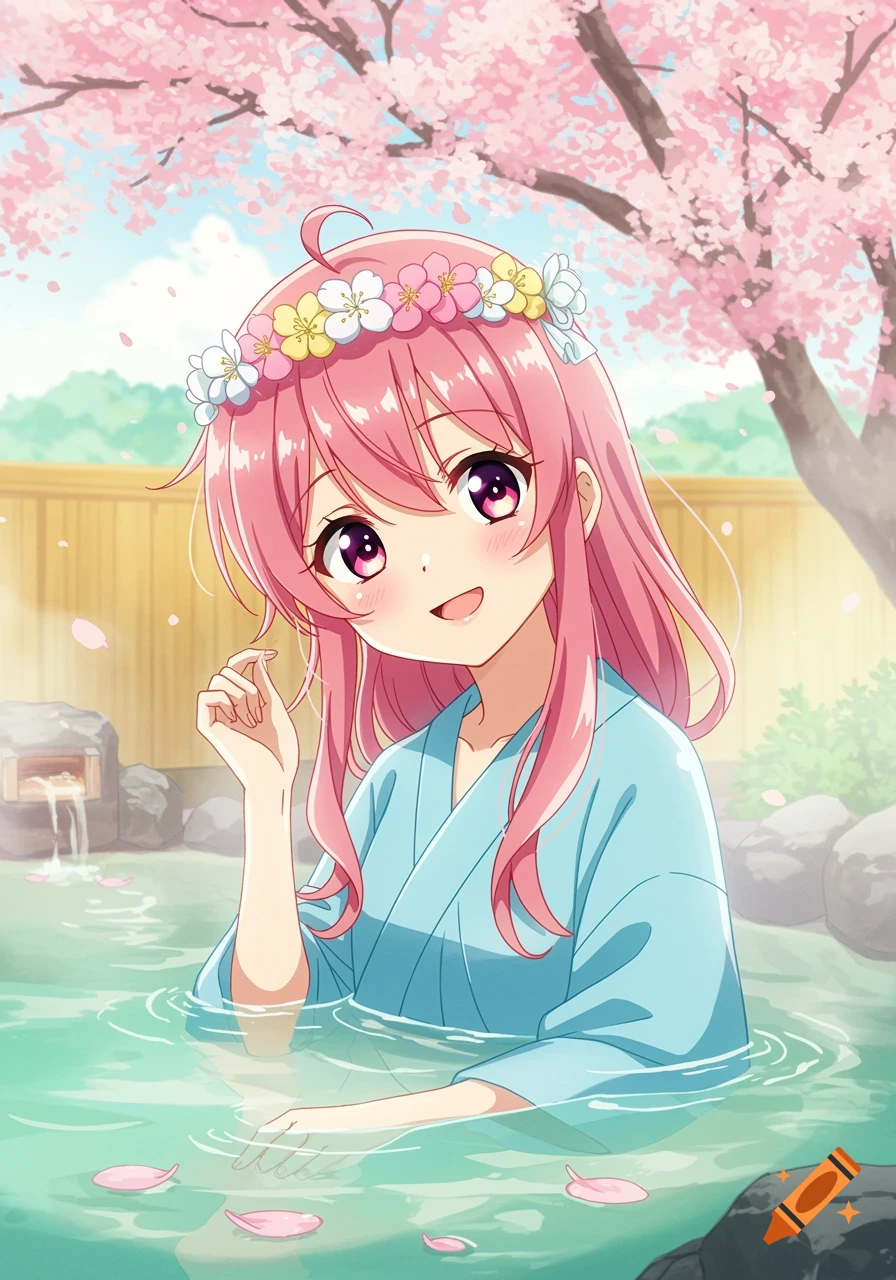 Anime girl with pink hair in a hot spring with cherry blossoms