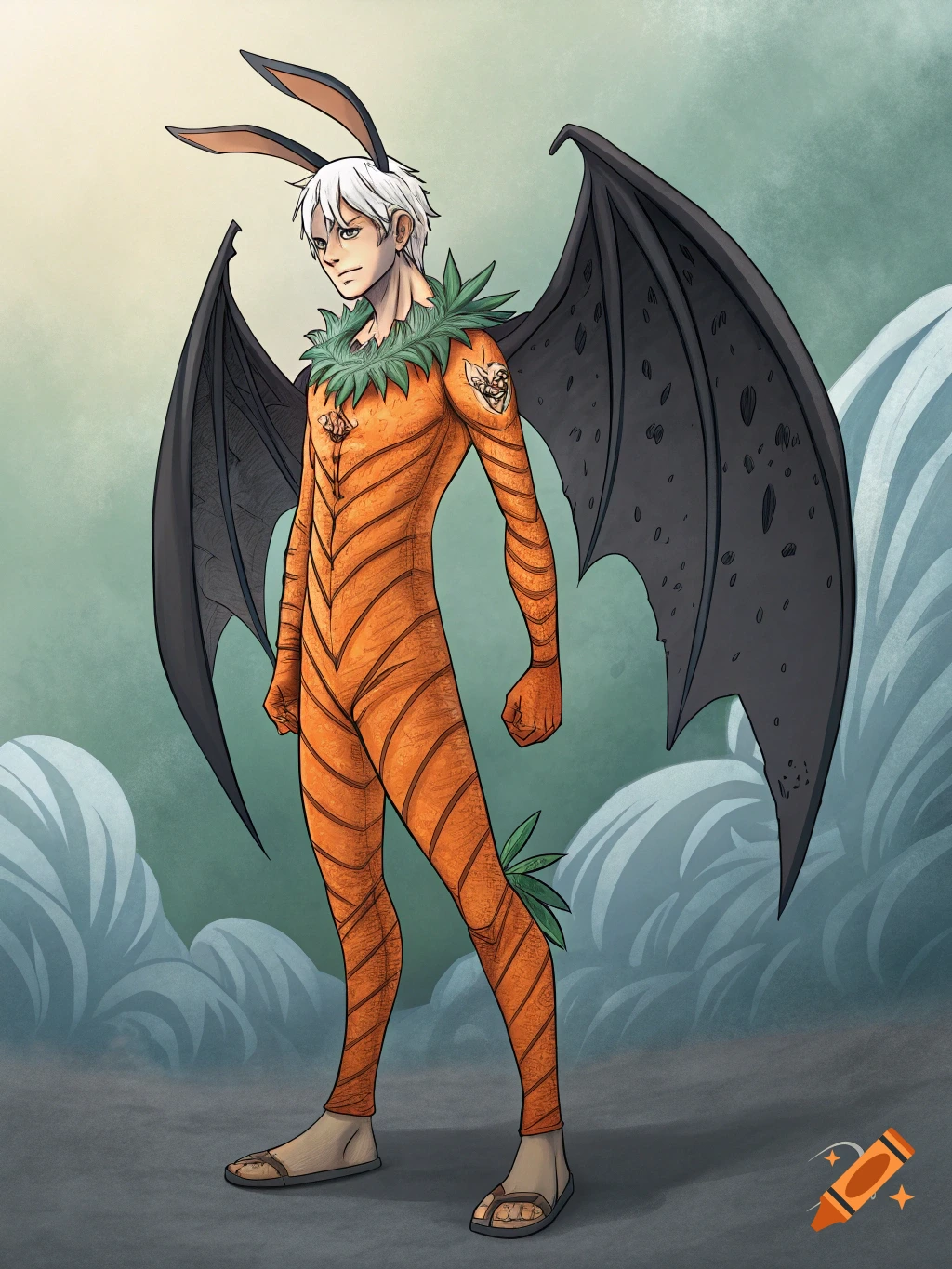 A male fantasy character with bunny ears, white hair, black wings, and an orange carrot jumpsuit stands in a hazy landscape.