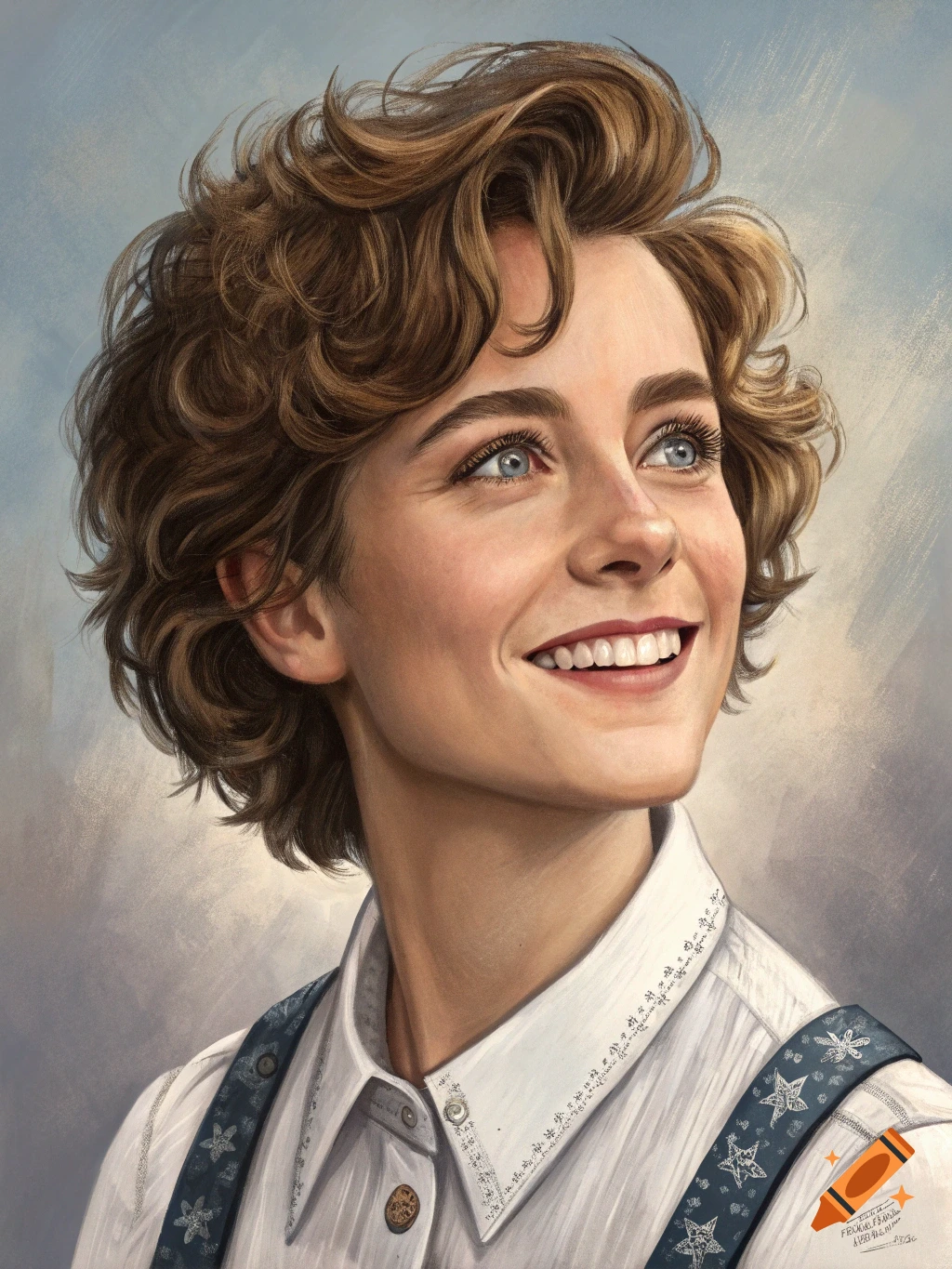 Close-up digital portrait of a young person with curly brown hair, blue eyes, smiling and looking up.