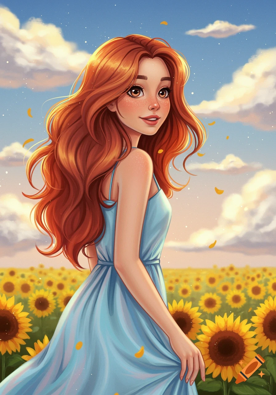 A girl with red hair in a blue dress stands in a field of sunflowers under a cloudy sky.
