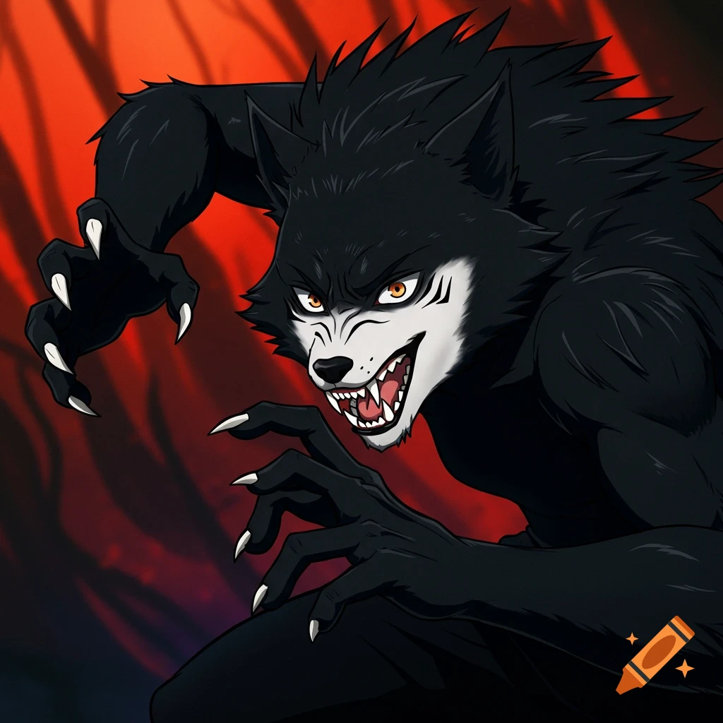 Anime illustration of a black werewolf lunging forward, claws extended, against a red background.