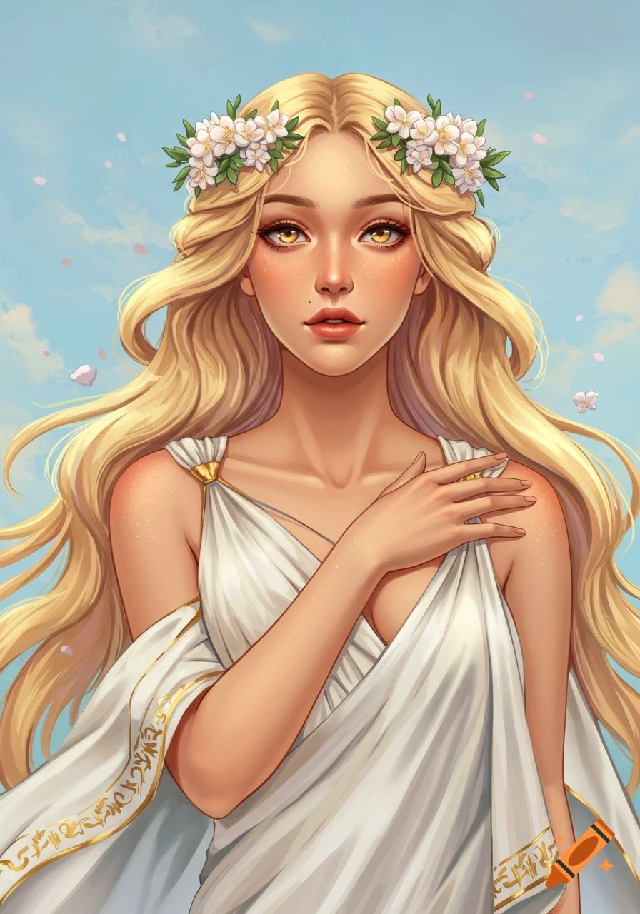 A woman with long blonde hair, a flower crown, and a white classical dress is shown against a blue sky.