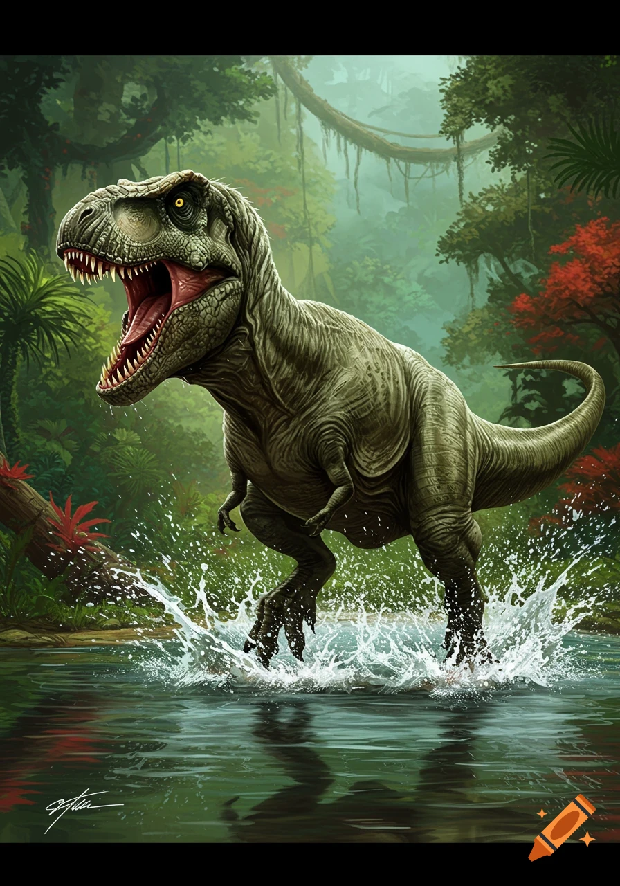 A T-Rex is jumping out of the water in a jungle