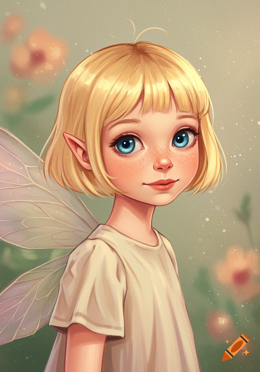 Whimsical blonde fairy with blue eyes and translucent wings.