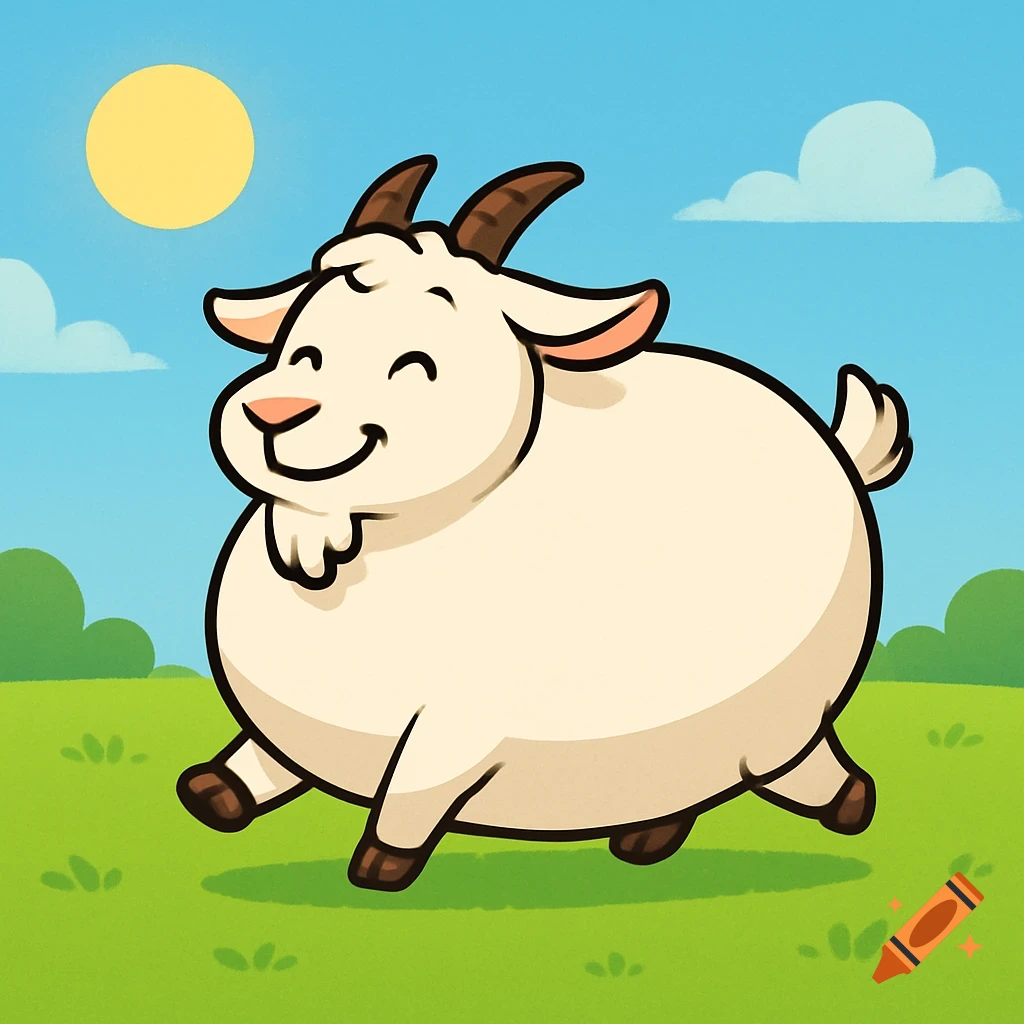 A cheerful cartoon goat runs through a sunny green field.