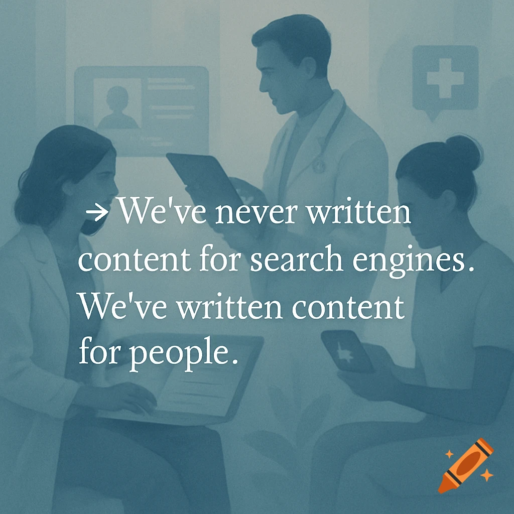 Three healthcare professionals with a quote about writing content for people overlayed.
