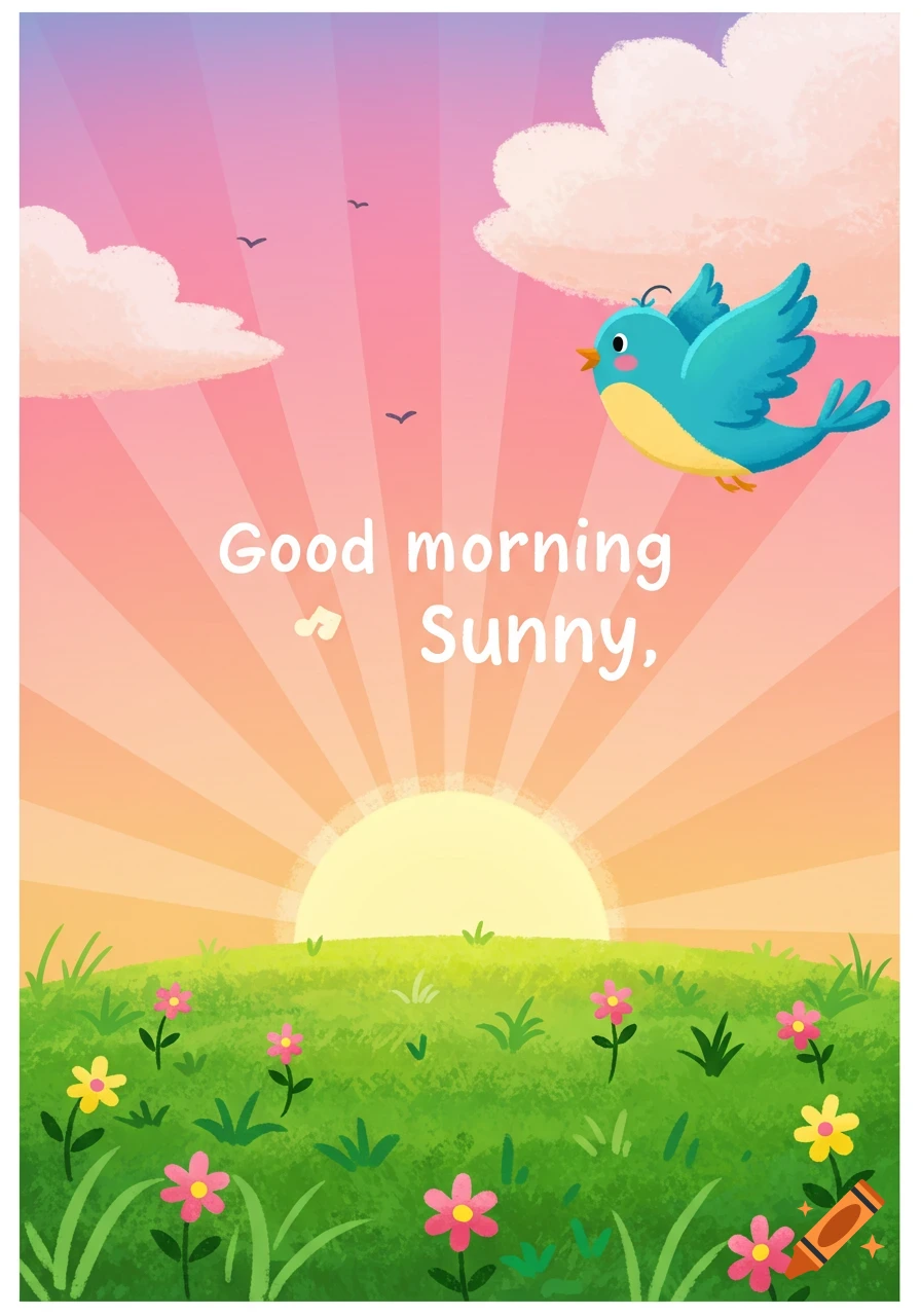 A sunrise over a field with flowers, a bird, and clouds, reading 'Good morning Sunny,'