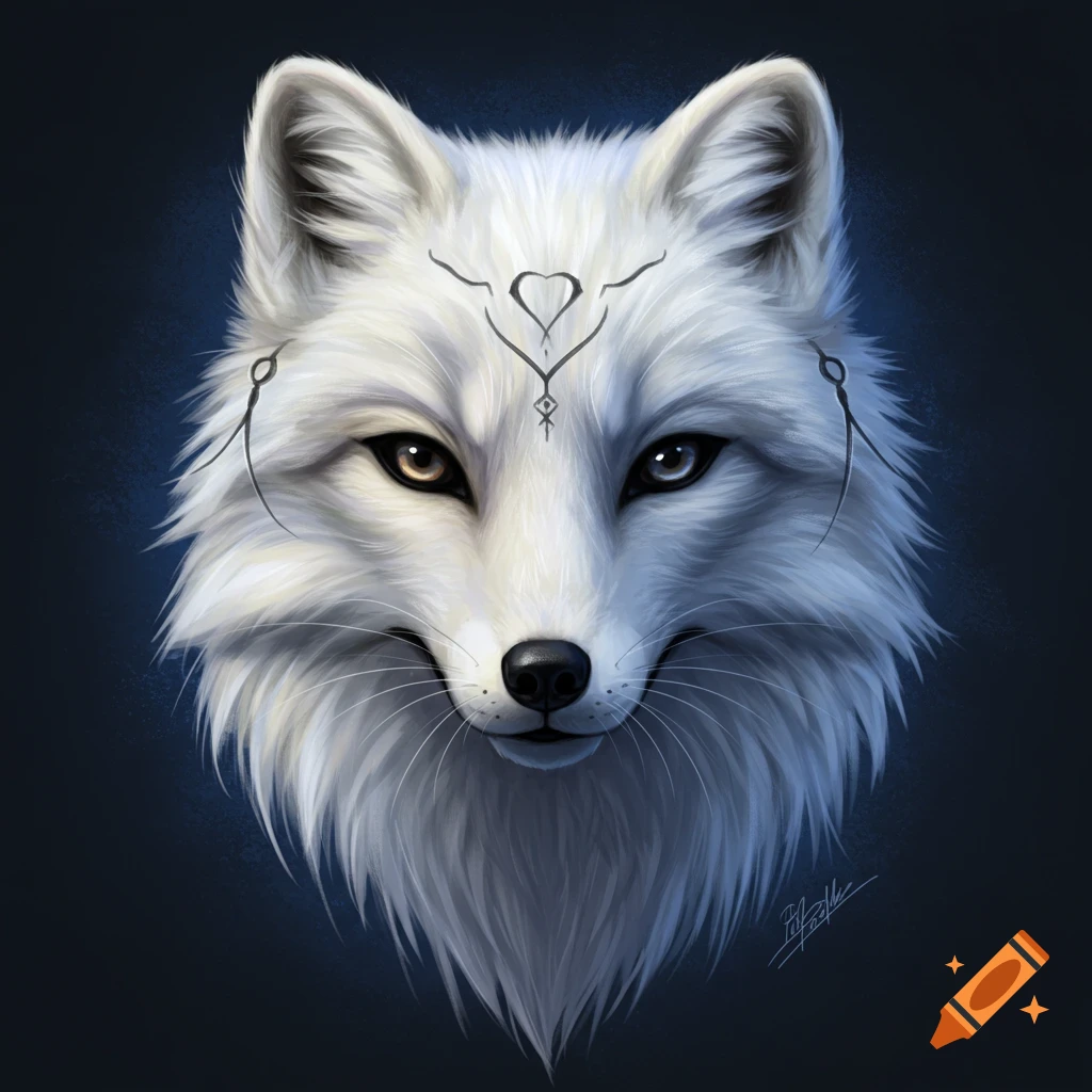 An arctic fox face with tribal markings