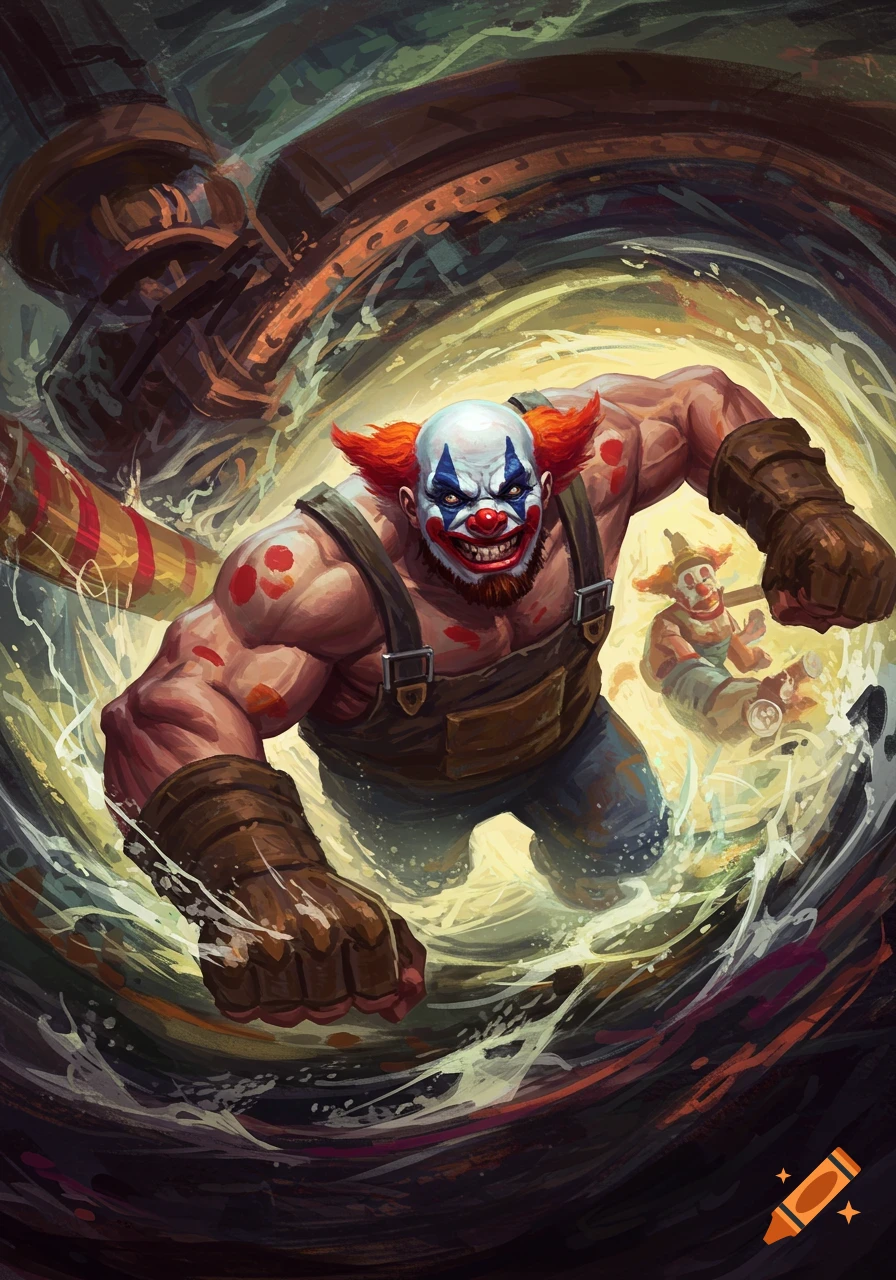 Muscular clown swimming in chaotic water with a smaller clown in background.