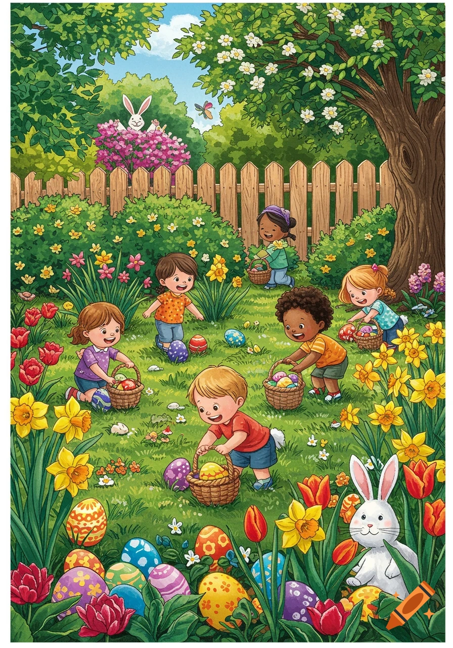 Children are hunting Easter eggs in a garden filled with bunnies and flowers.