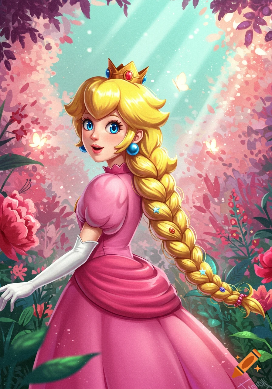 Princess Peach with a long braid, standing in a vibrant pink flower garden.