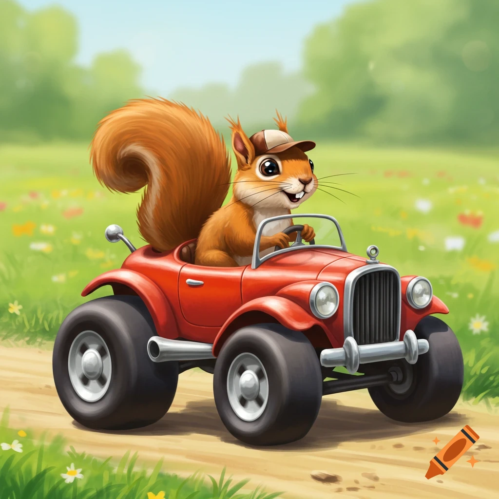 A cartoon squirrel drives a red car with large wheels down a dirt road.