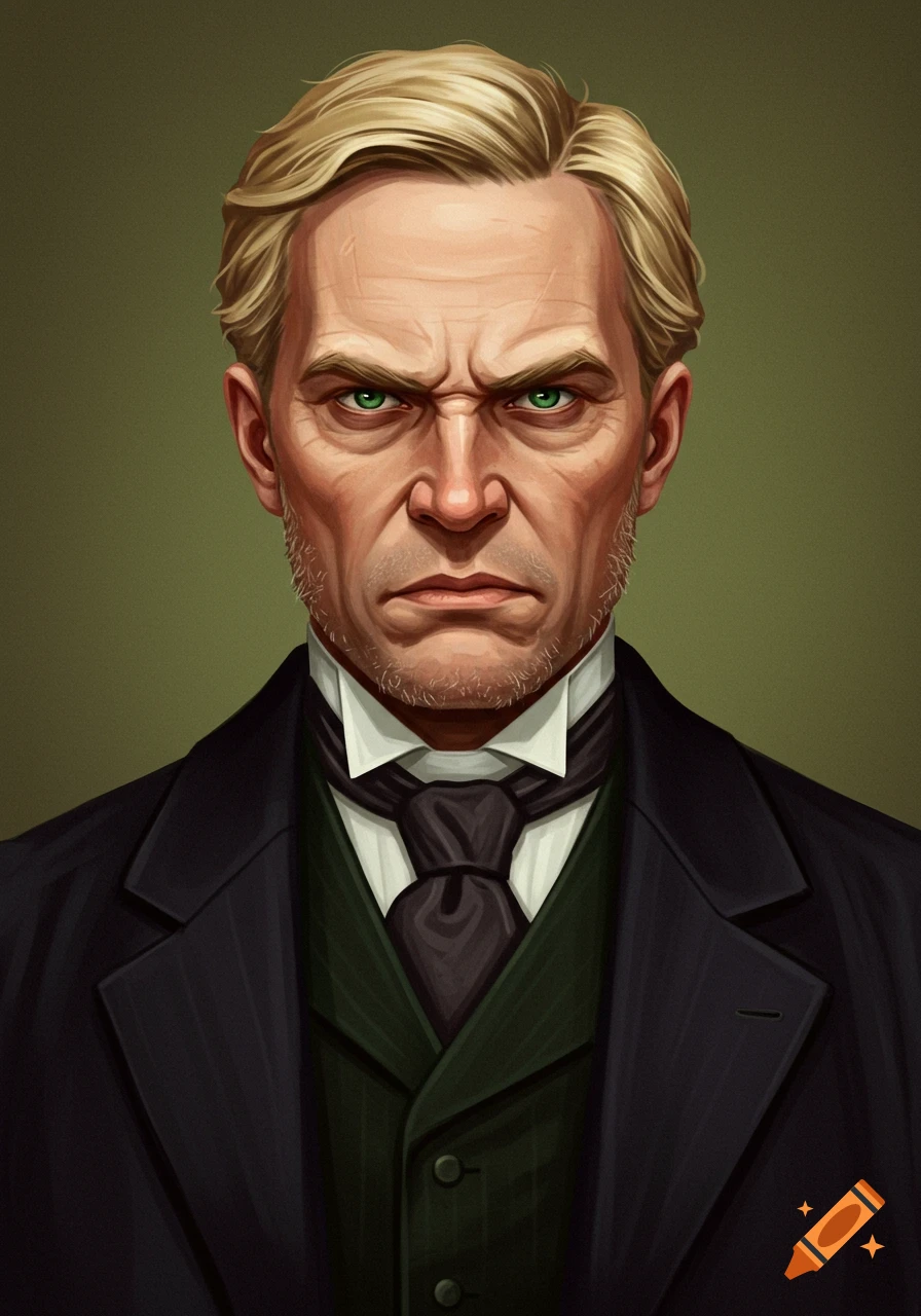 A stern Victorian businessman with blonde hair and green eyes in a dark suit and tie.
