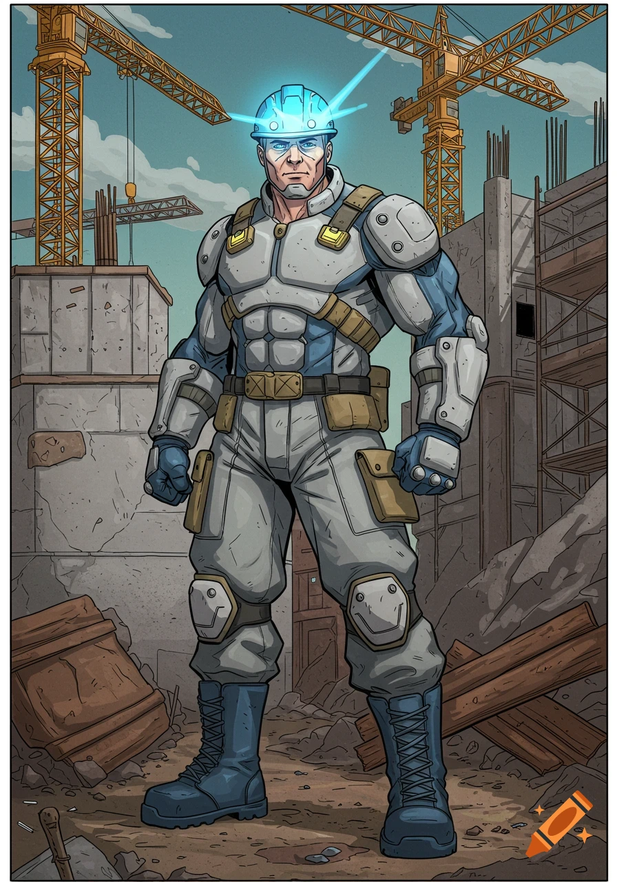 A construction superhero stands in a building site.