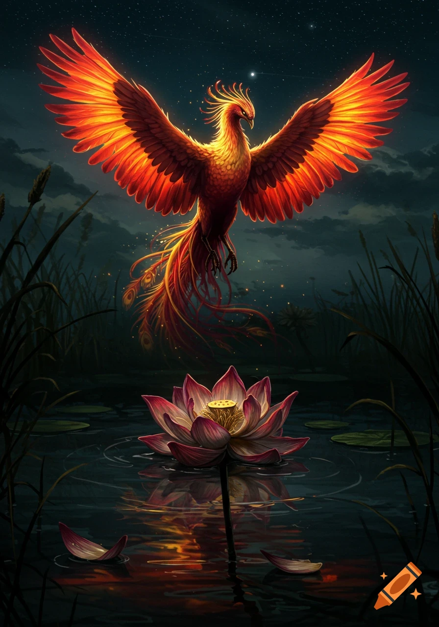 A vibrant phoenix with fiery wings flies above a pink lotus flower on dark water at night.