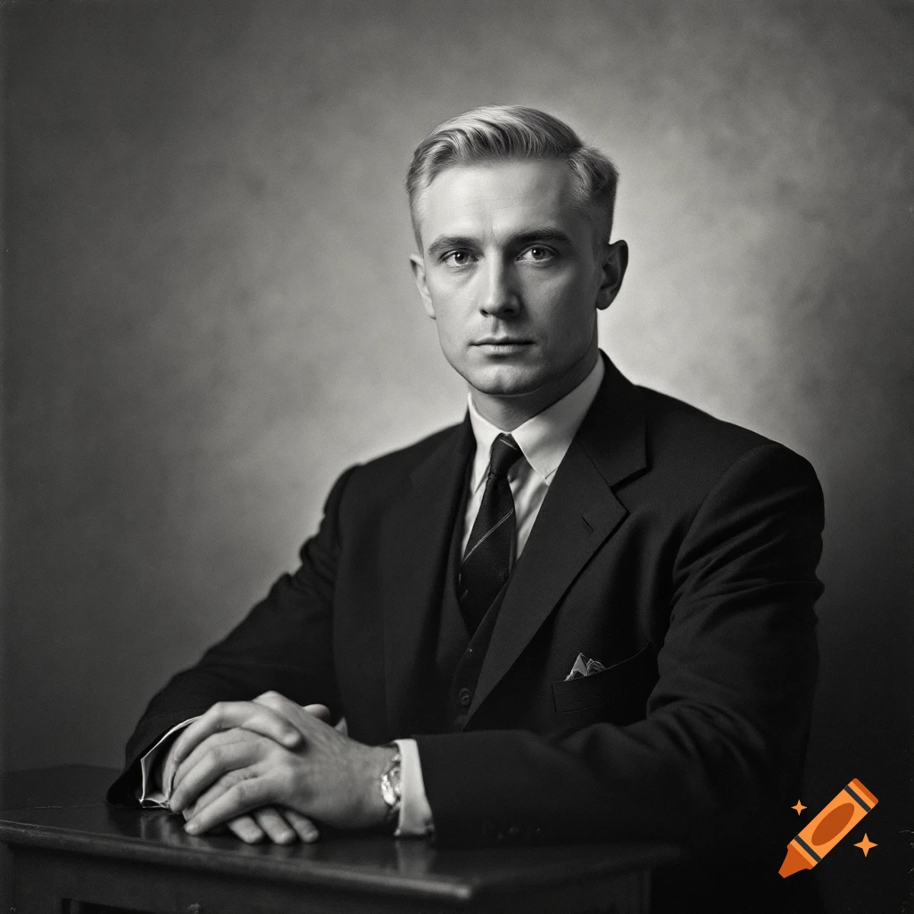 Black and white vintage studio portrait of a man in a suit and vest, seated at a table with hands clasped.