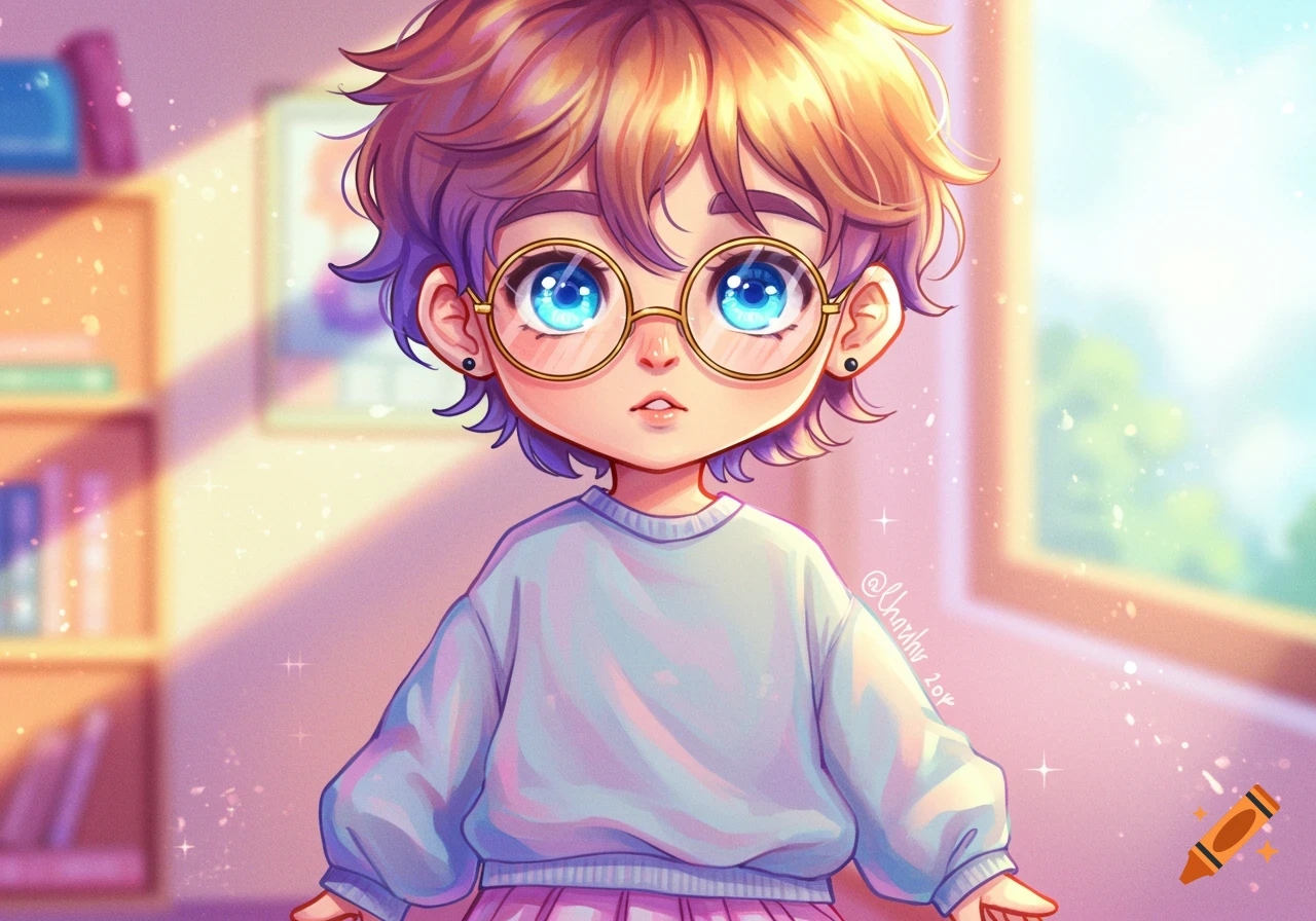 An anime portrait of a youth with glasses in a room with sunlight.